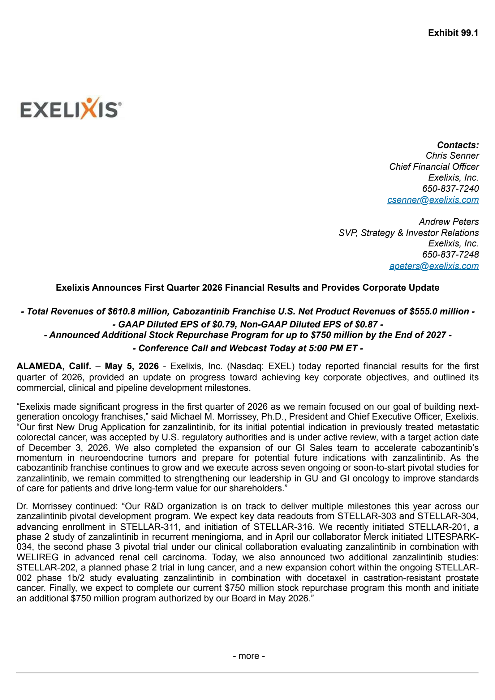 Exelixis' Q1 2026 Press Release