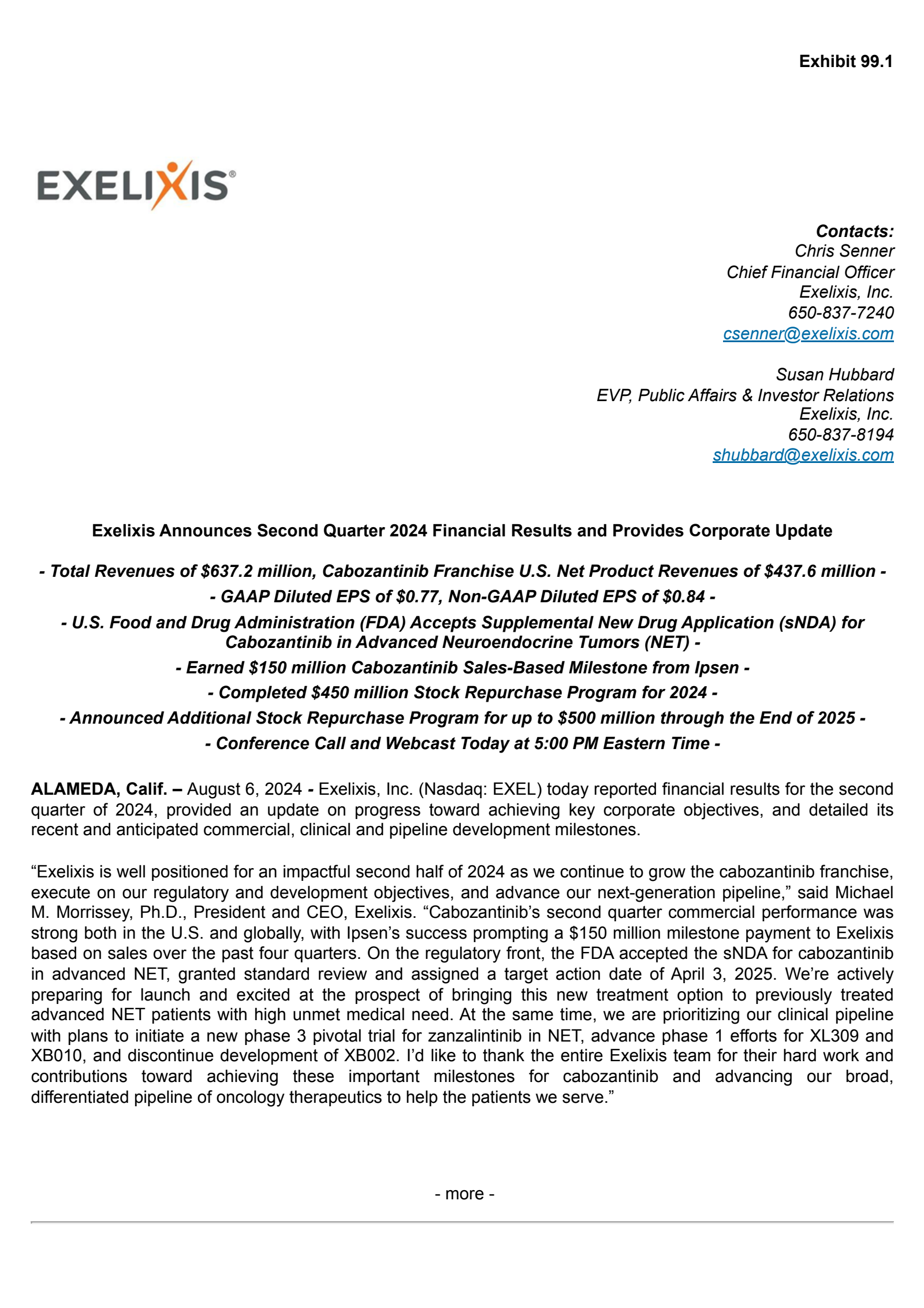 Exelixis' Q2 2024 Press Release