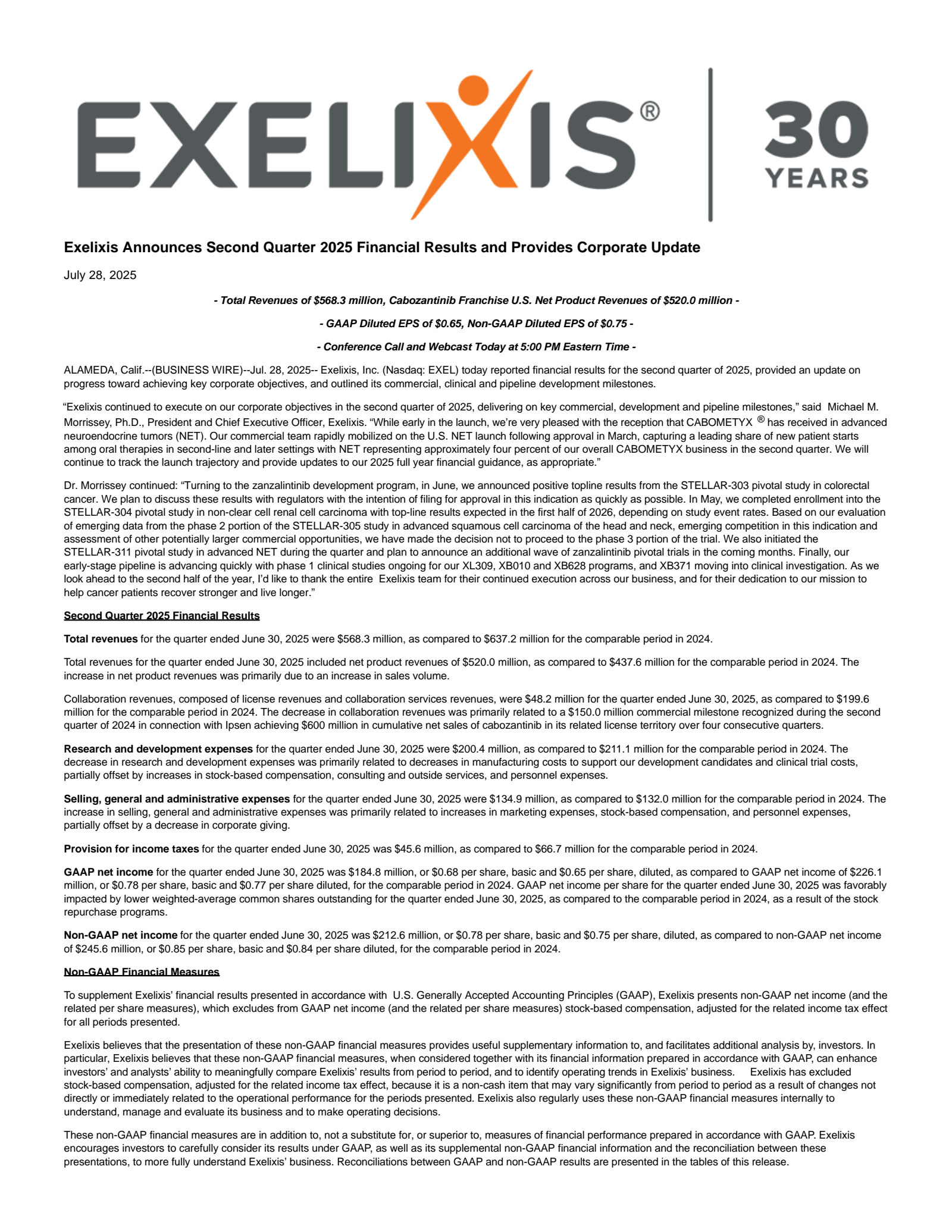 Exelixis' Q2 2025 Press Release