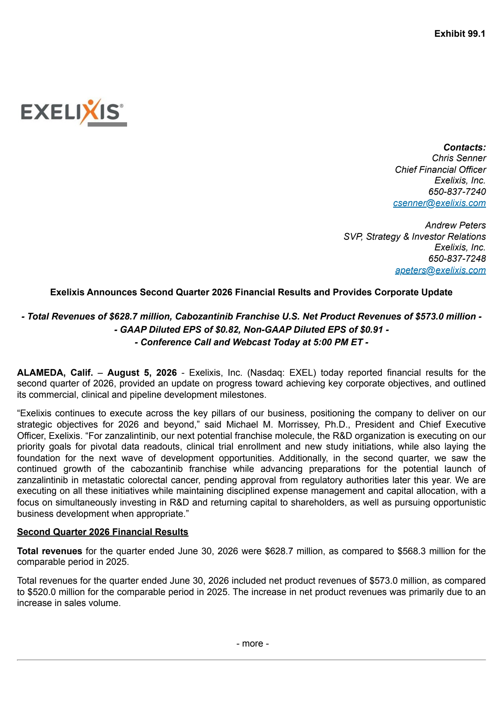 Exelixis' Q2 2026 Press Release