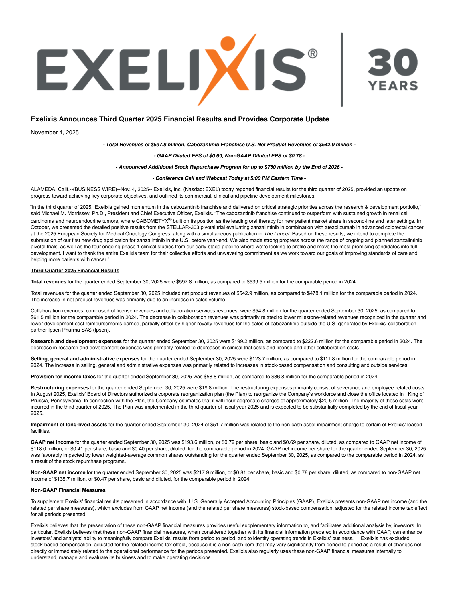 Exelixis' Q3 2025 Earnings Release