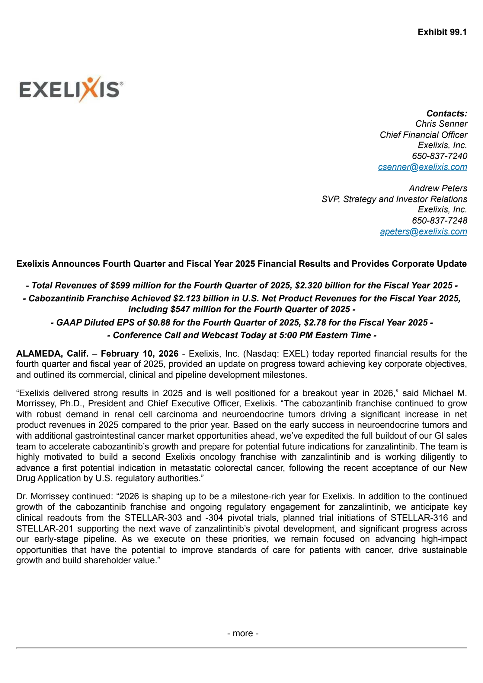 Exelixis' Q4 2025 Press Release
