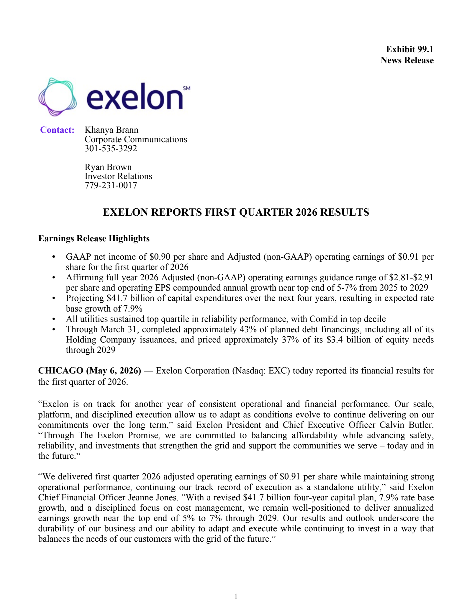 Exelon's Q1 2026 Press Release