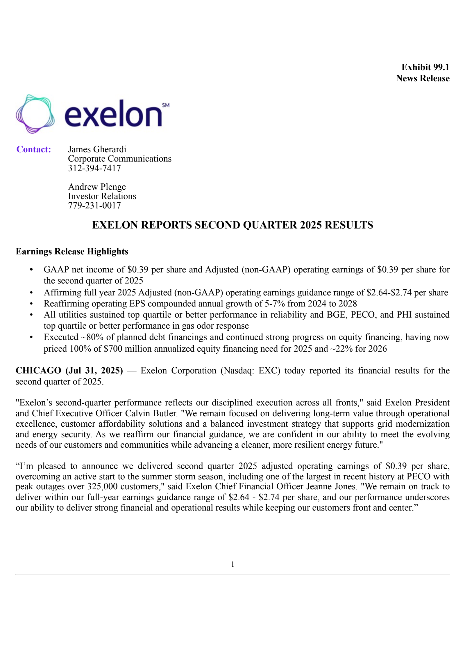 Exelon's Q2 2025 Press Release