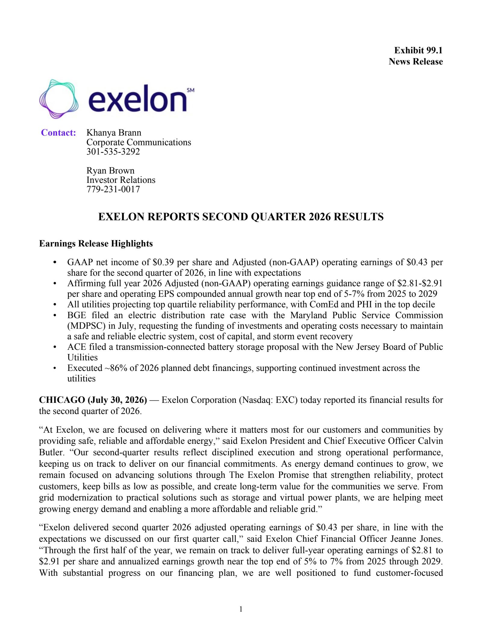Exelon's Q2 2026 Press Release