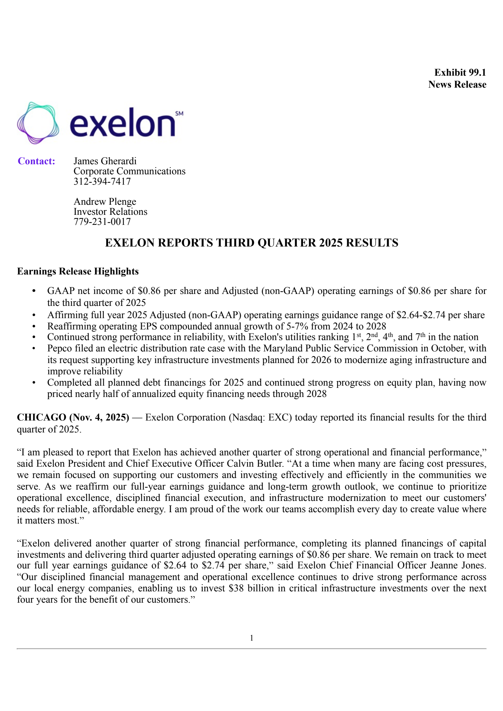 Exelon's Q3 2025 Earnings Release