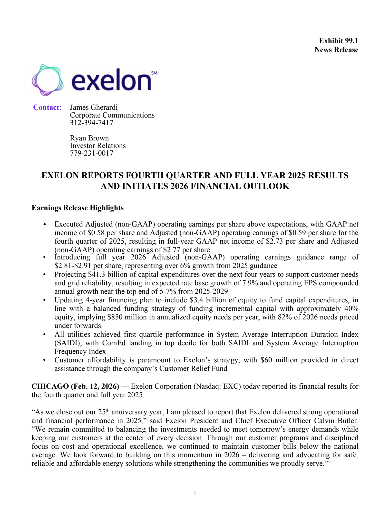 Exelon's Q4 2025 Press Release