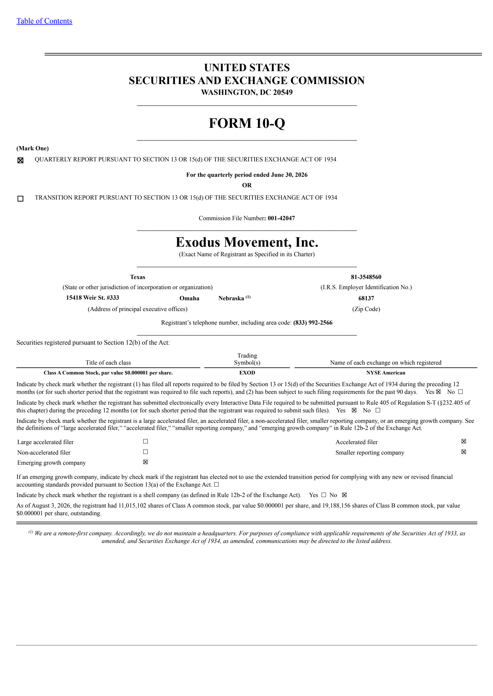 Exodus Movement's Q2 2026 Quarterly report