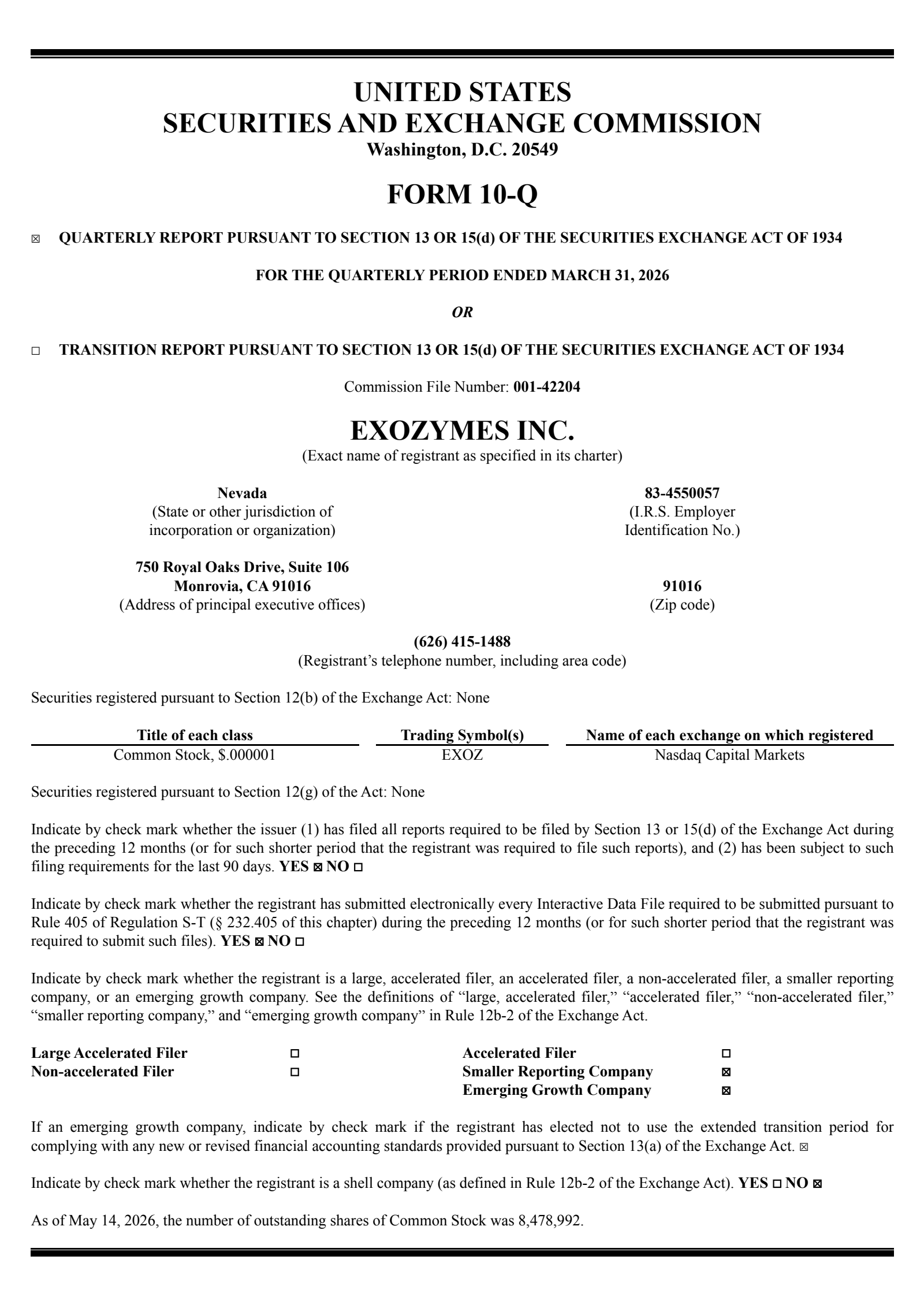 eXoZymes' Q1 2026 Quarterly report