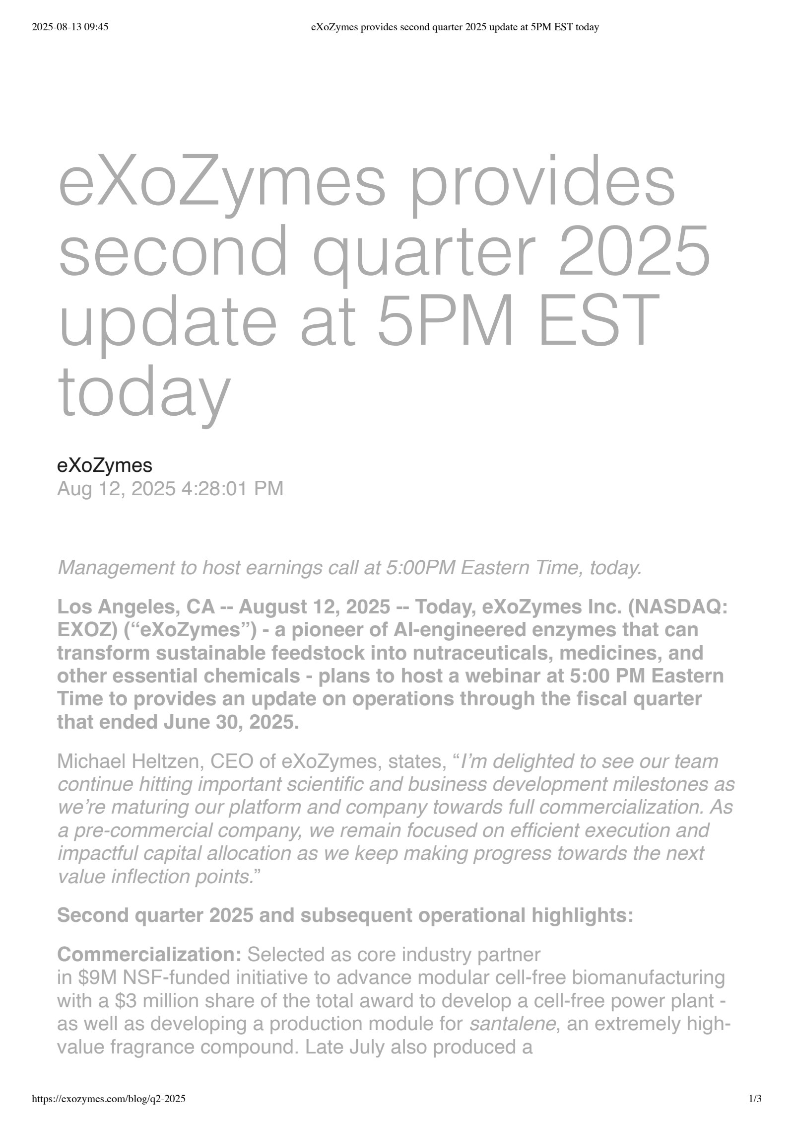 eXoZymes' Q2 2025 Press Release