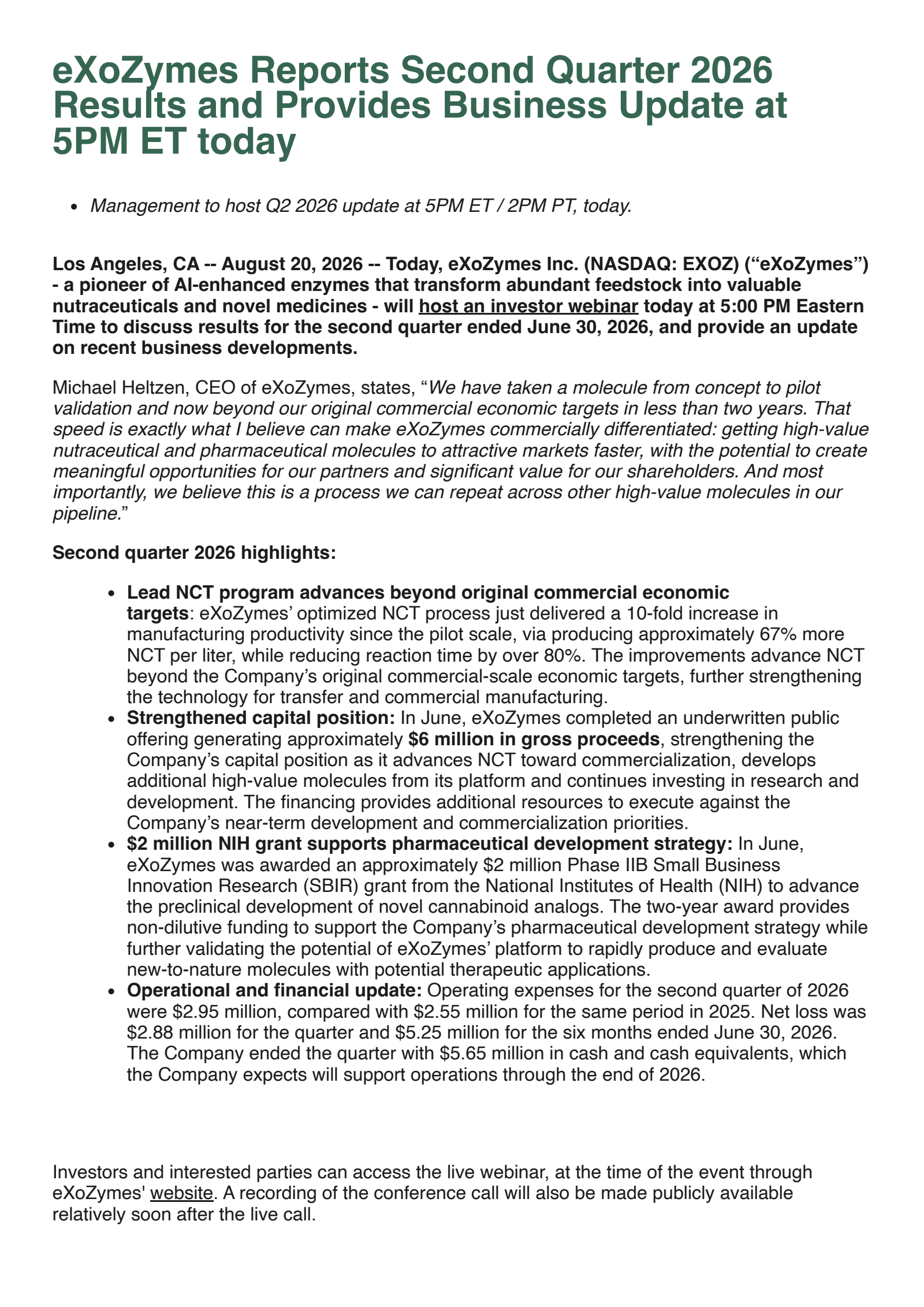 eXoZymes' Q2 2026 Press Release