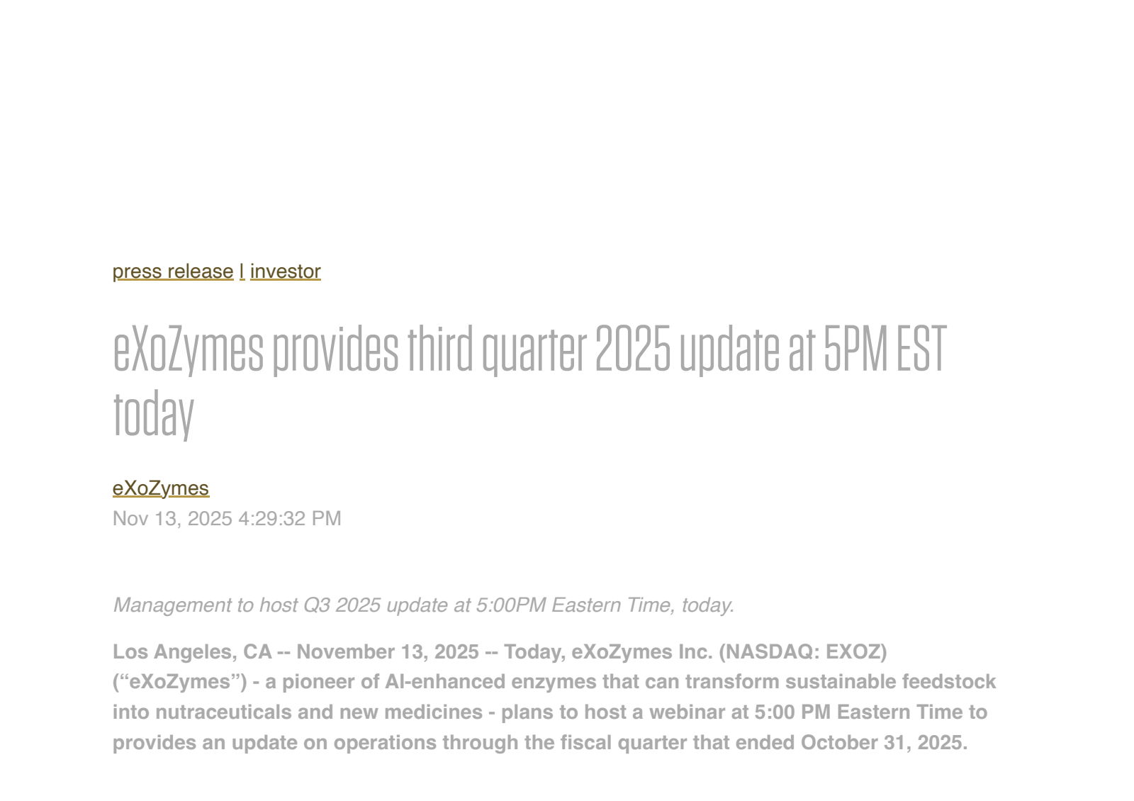 eXoZymes' Q3 2025 Earnings Release