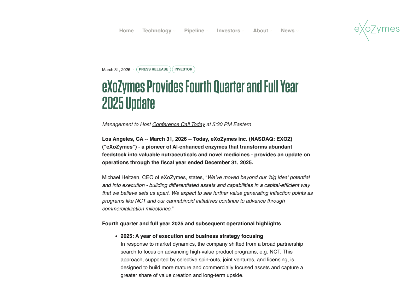 eXoZymes' Q4 2025 Press Release