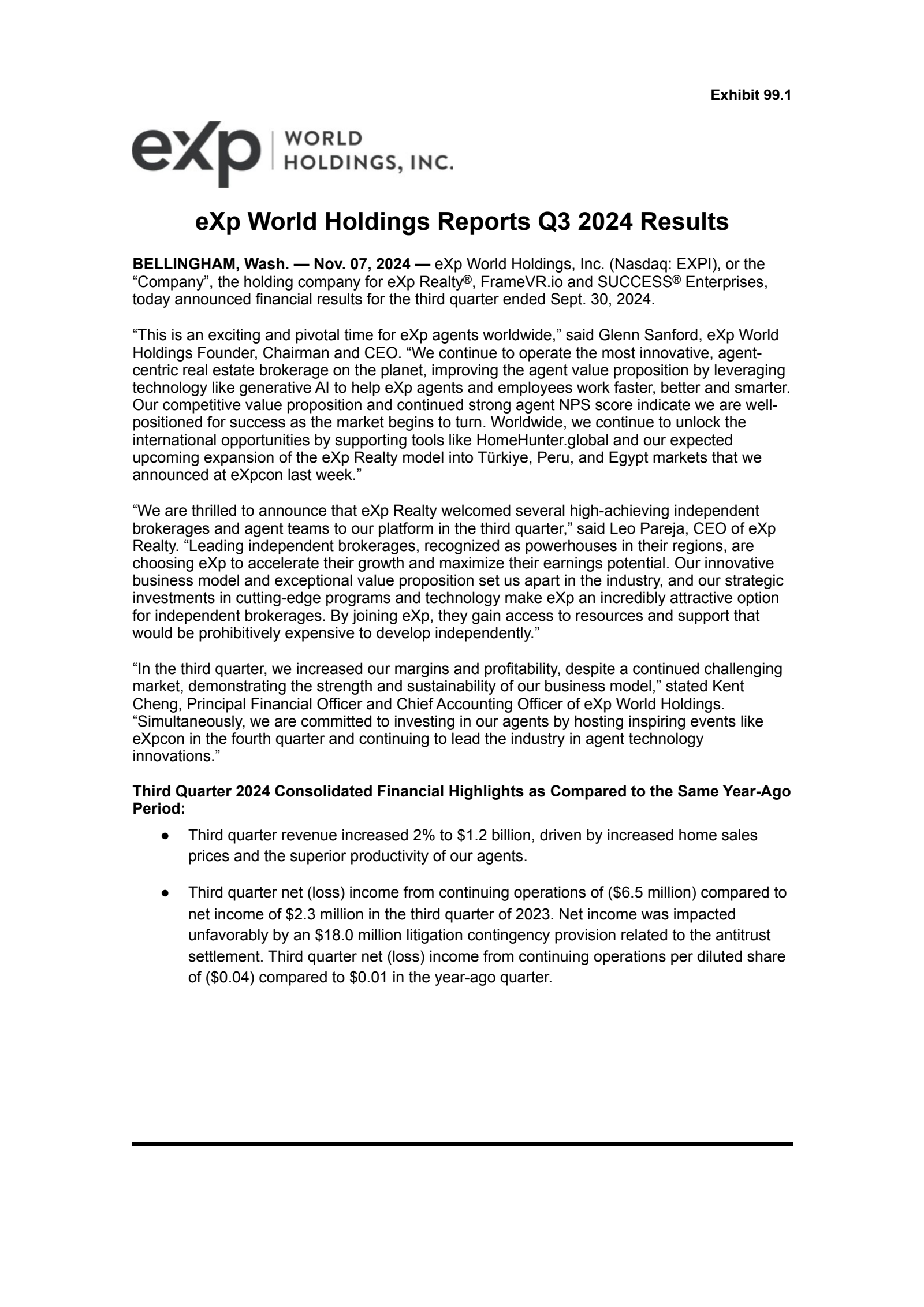 Exp World's Q3 2024 Press Release