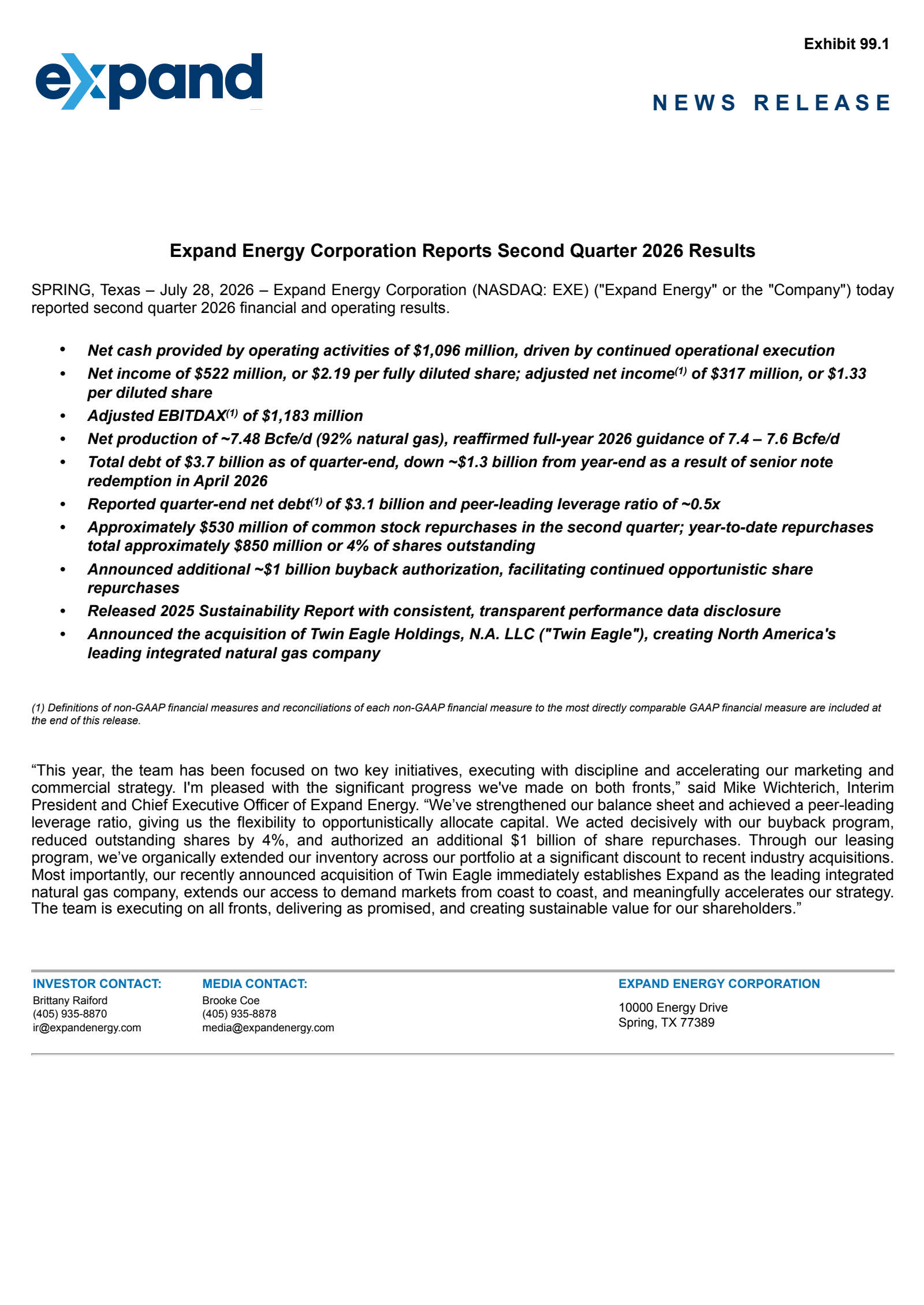 Expand Energy's Q2 2026 Press Release
