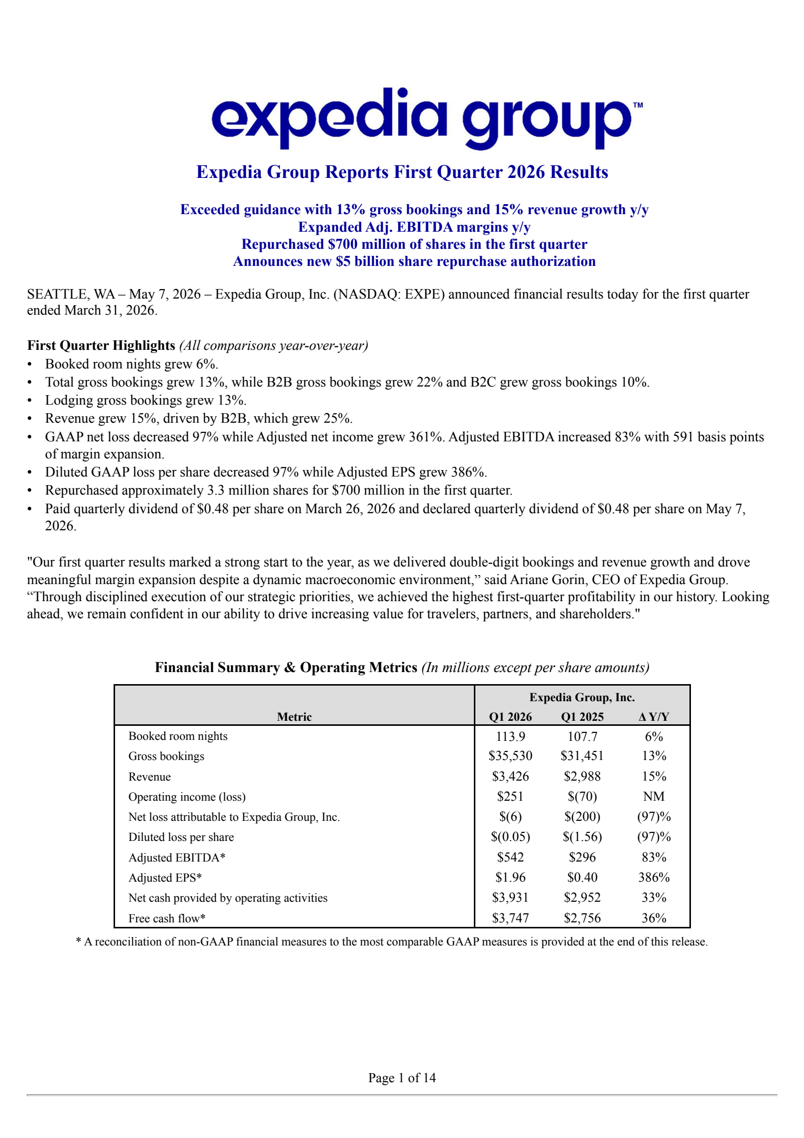 Expedia Group's Q1 2026 Press Release