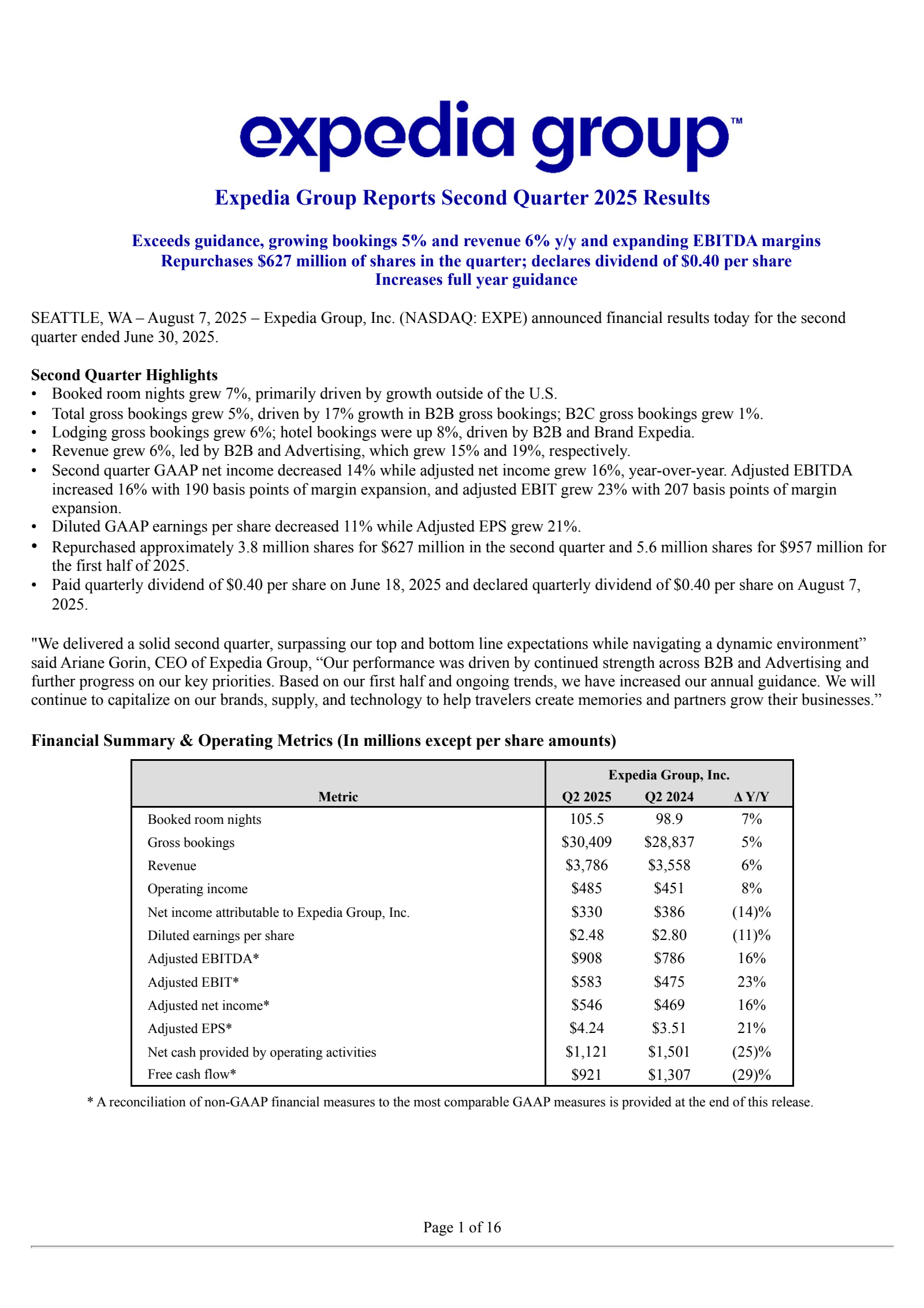 Expedia Group's Q2 2025 Press Release