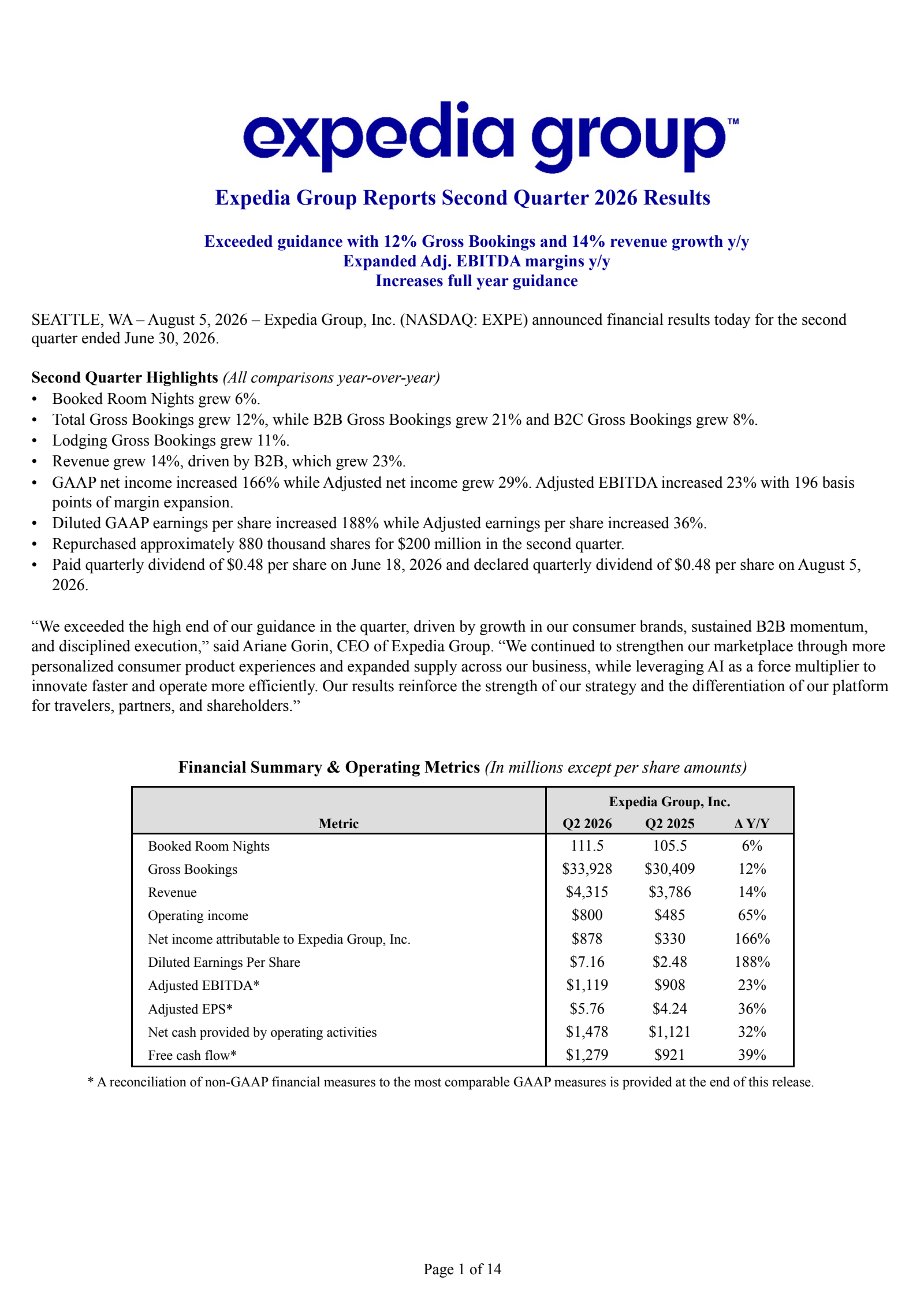Expedia Group's Q2 2026 Press Release