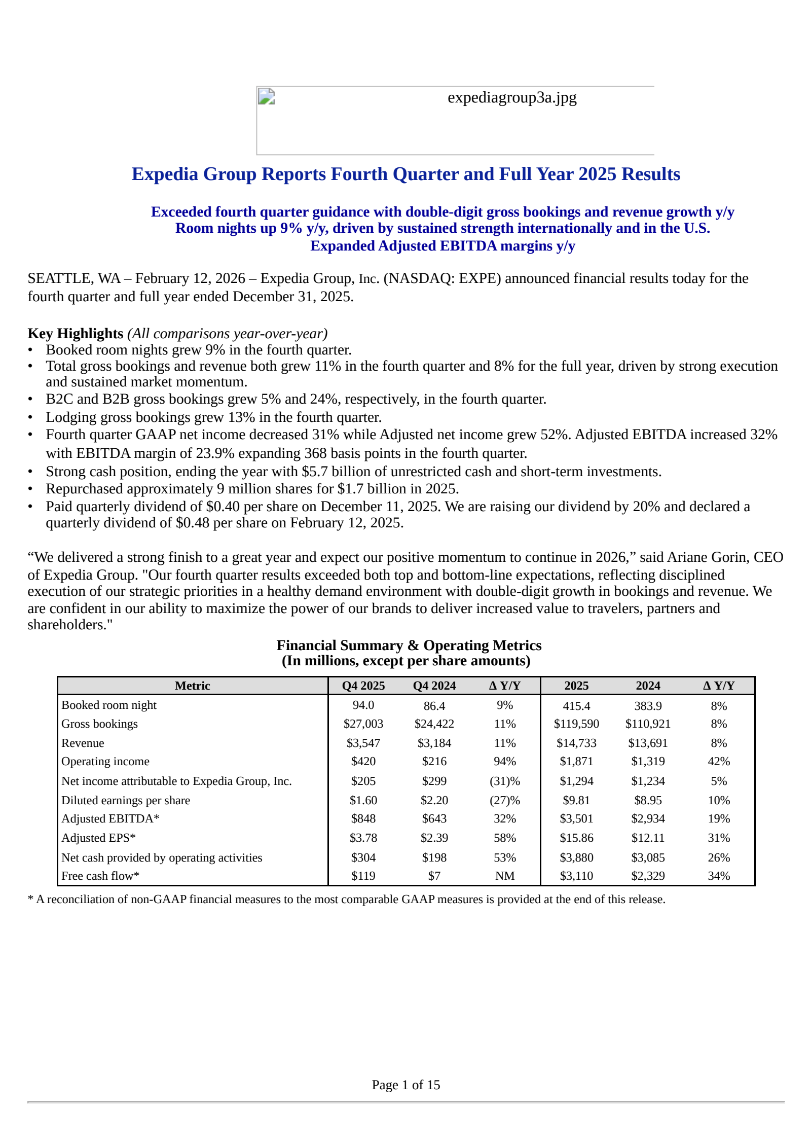 Expedia Group's Q4 2025 Press Release