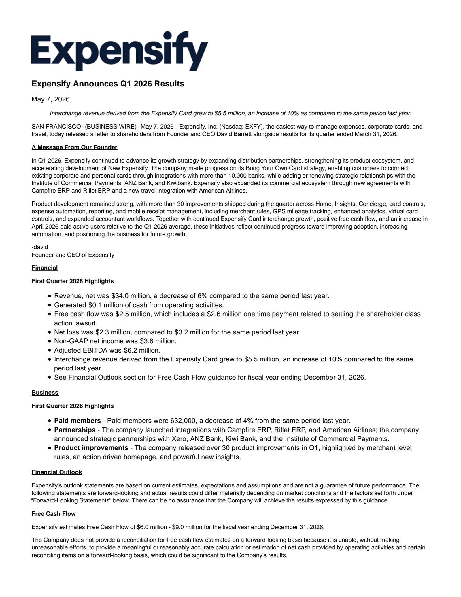 Expensify's Q1 2026 Press Release