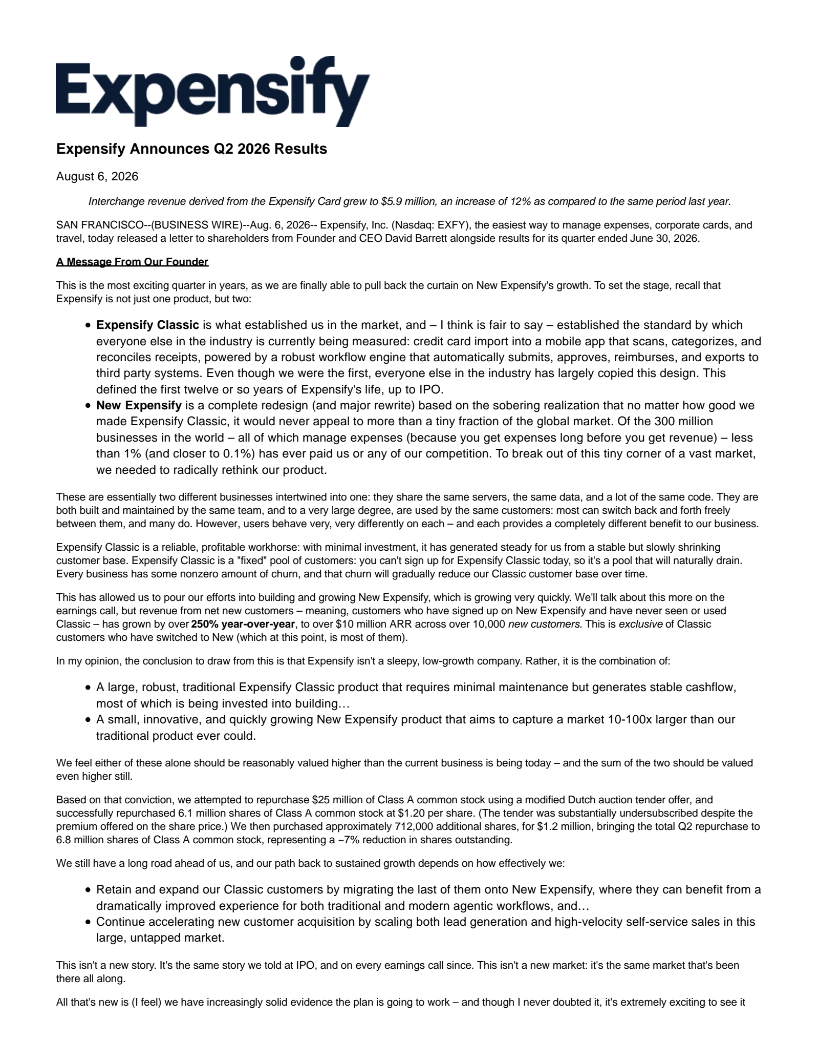Expensify's Q2 2026 Press Release