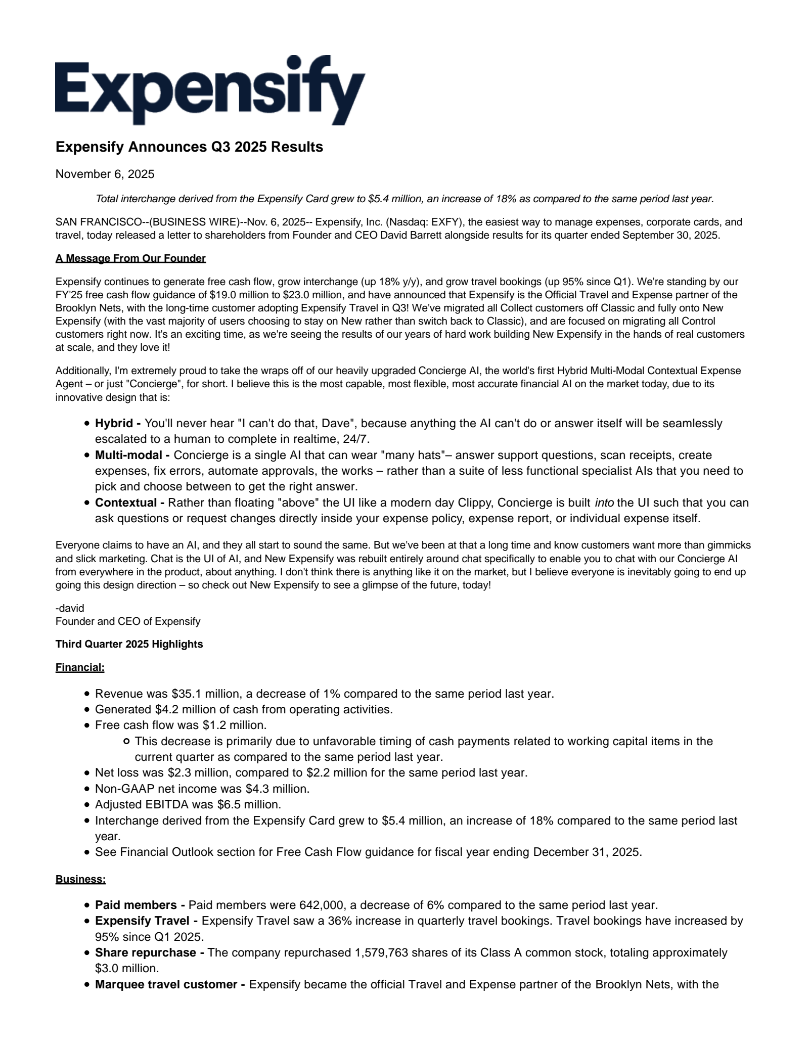 Expensify's Q3 2025 Earnings Release