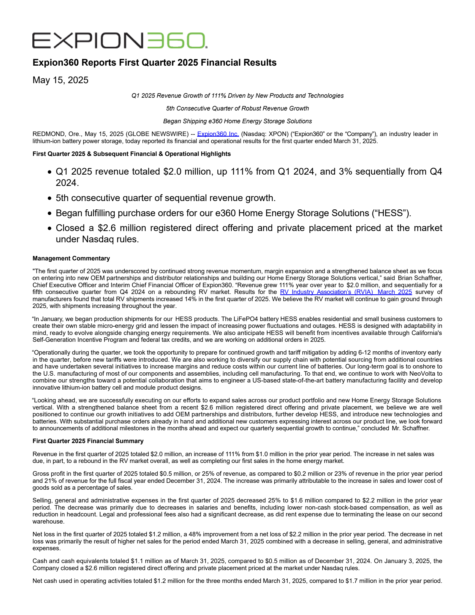 Expion360's Q1 2025 Press Release