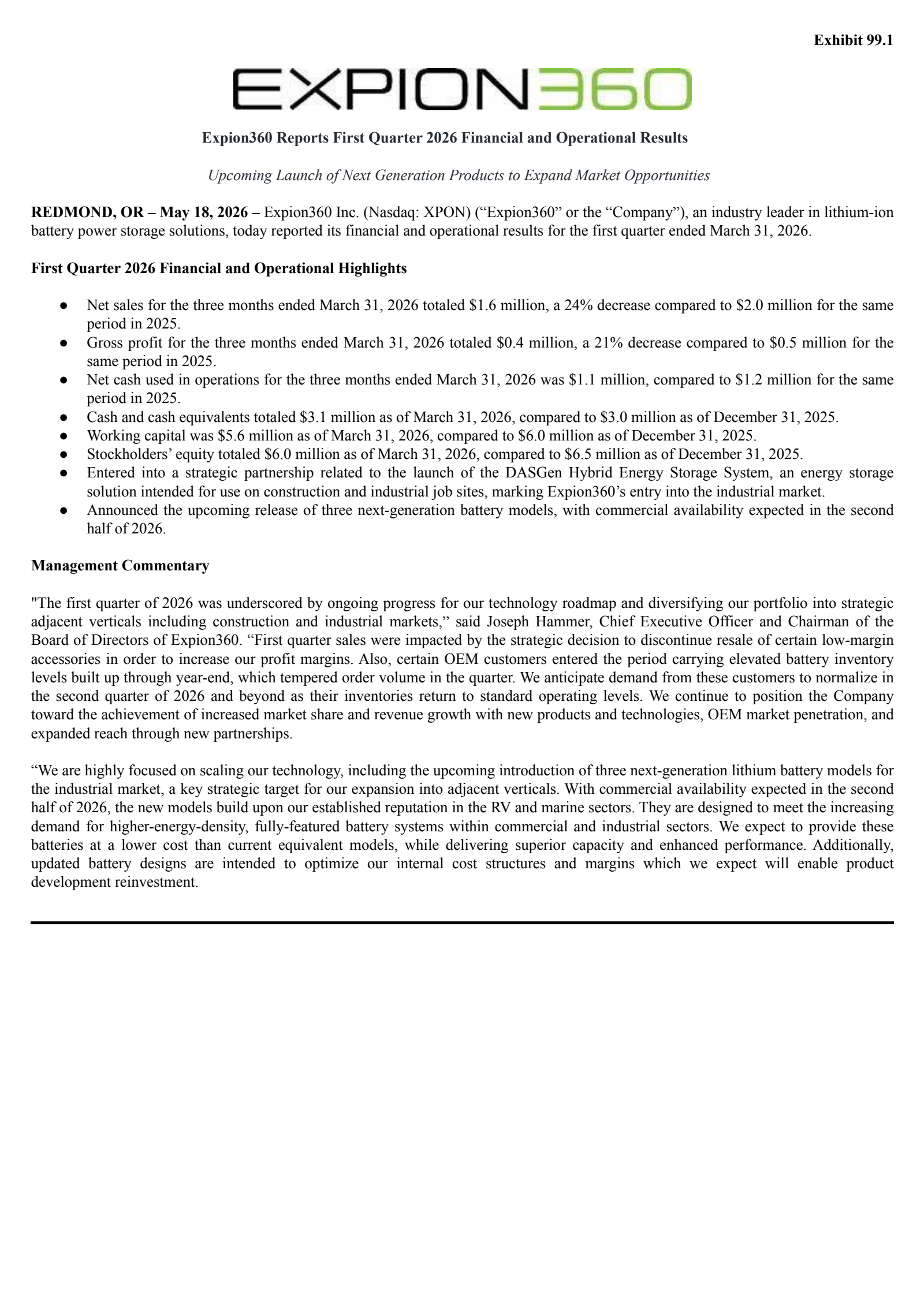 Expion360's Q1 2026 Press Release