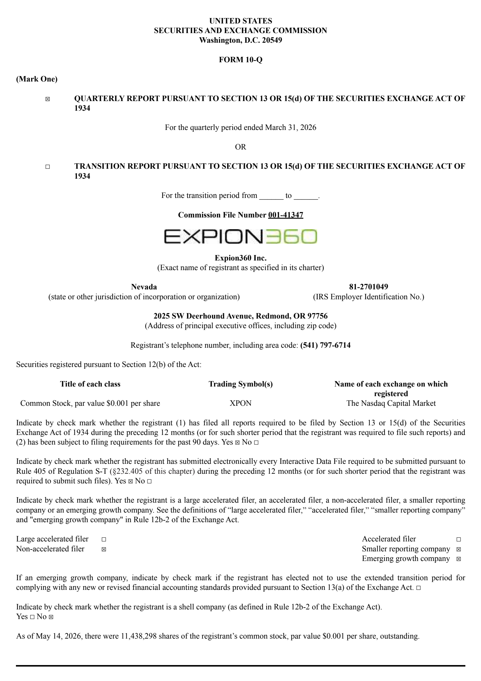 Expion360's Q1 2026 Quarterly report