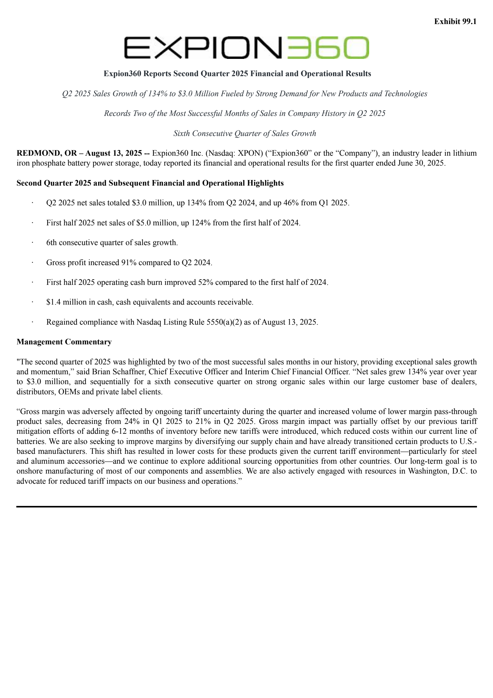 Expion360's Q2 2025 Press Release
