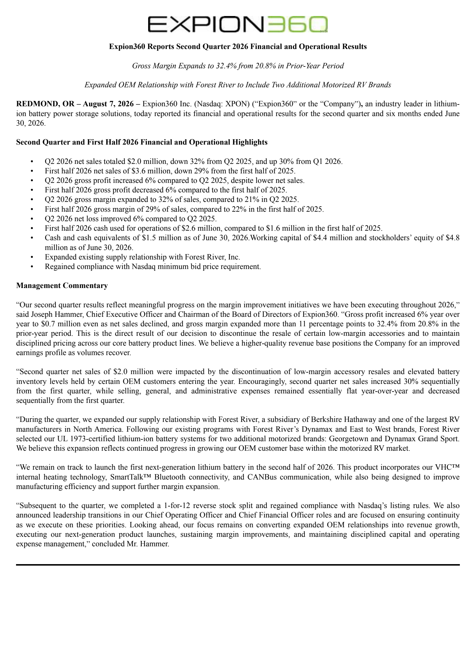 Expion360's Q2 2026 Press Release