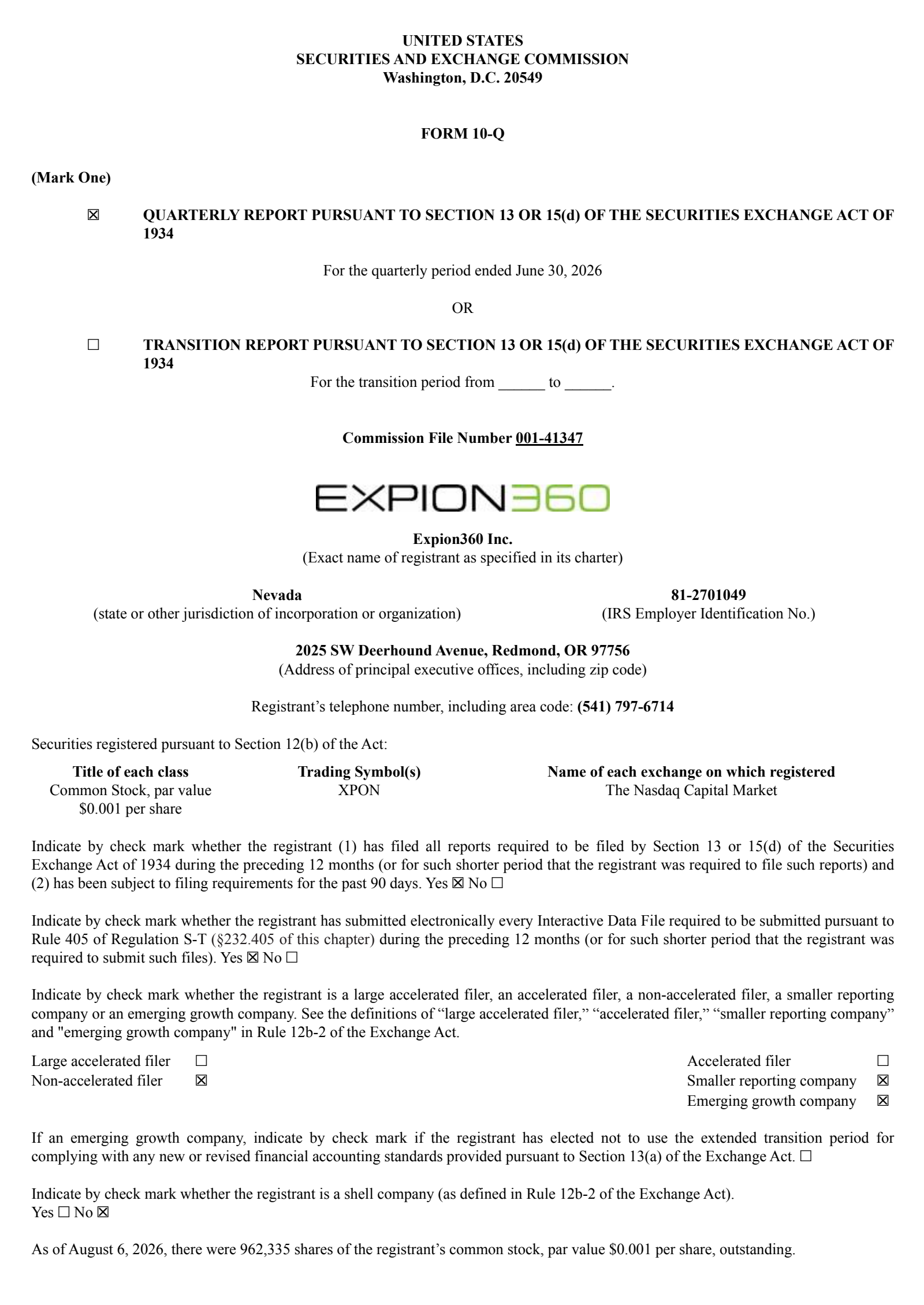 Expion360's Q2 2026 Quarterly report