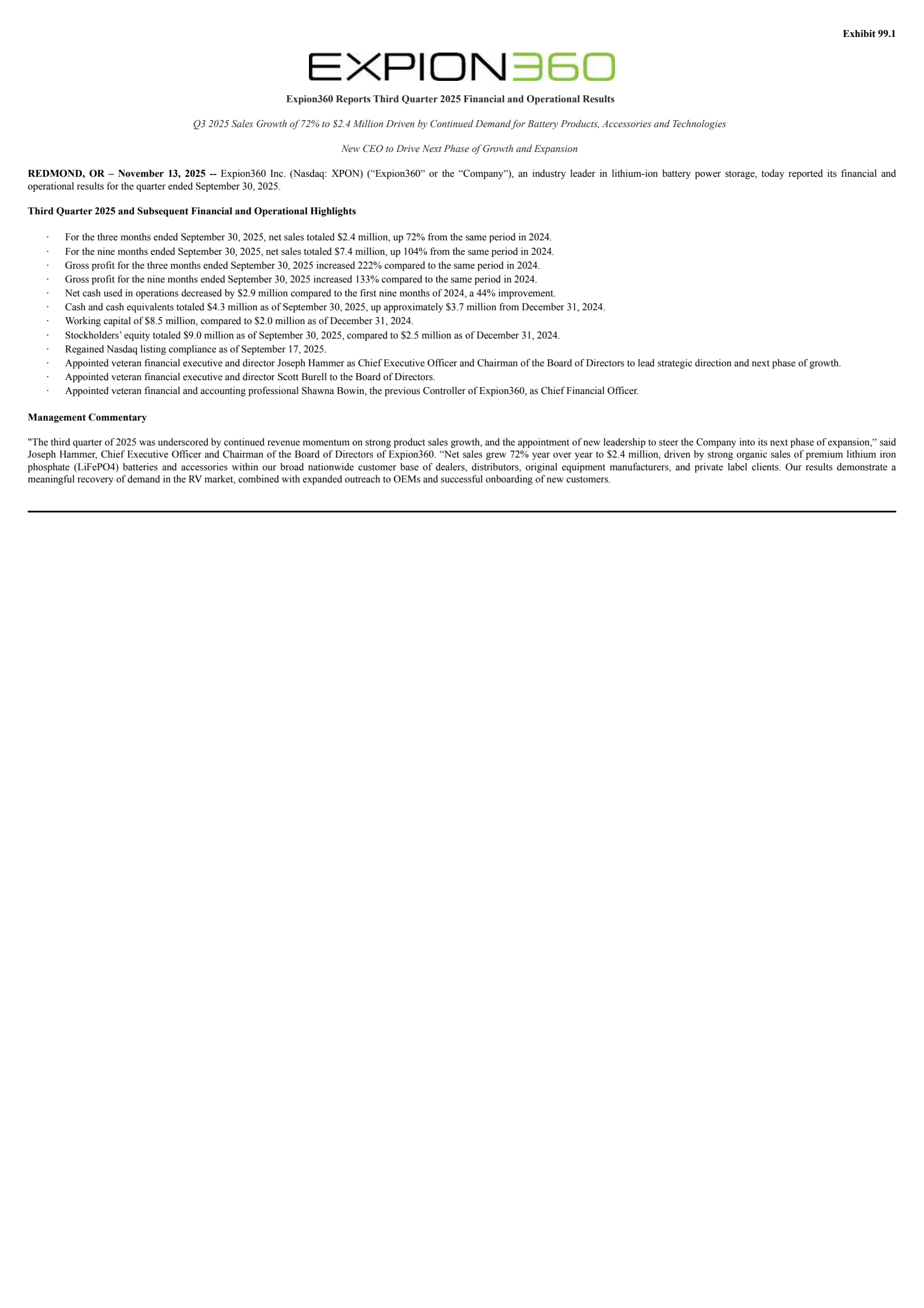 Expion360's Q3 2025 Earnings Release