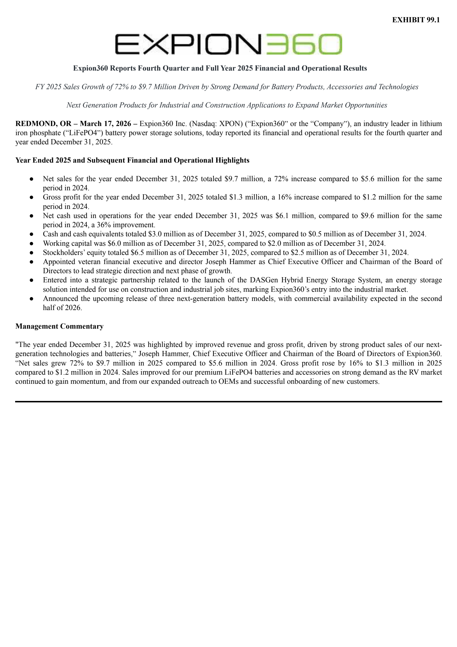 Expion360's Q4 2025 Press Release