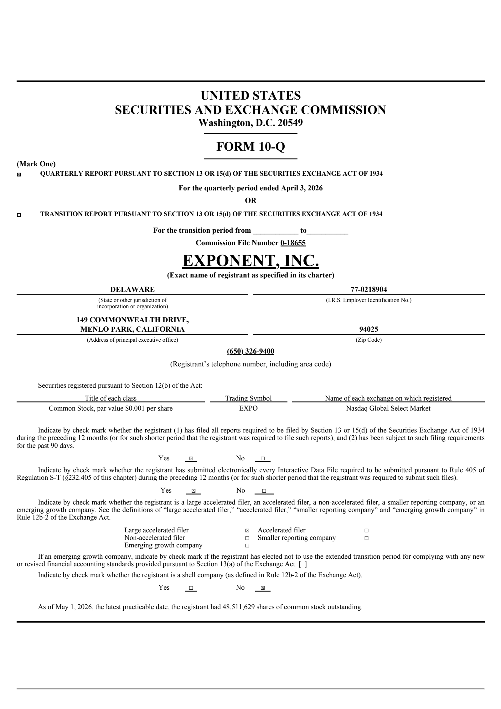 Exponent's Q1 2026 Quarterly report