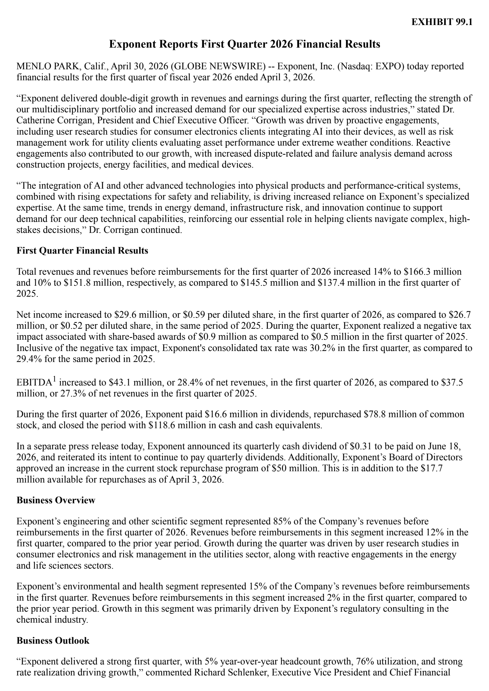 Exponent's Q1 2026 Press Release