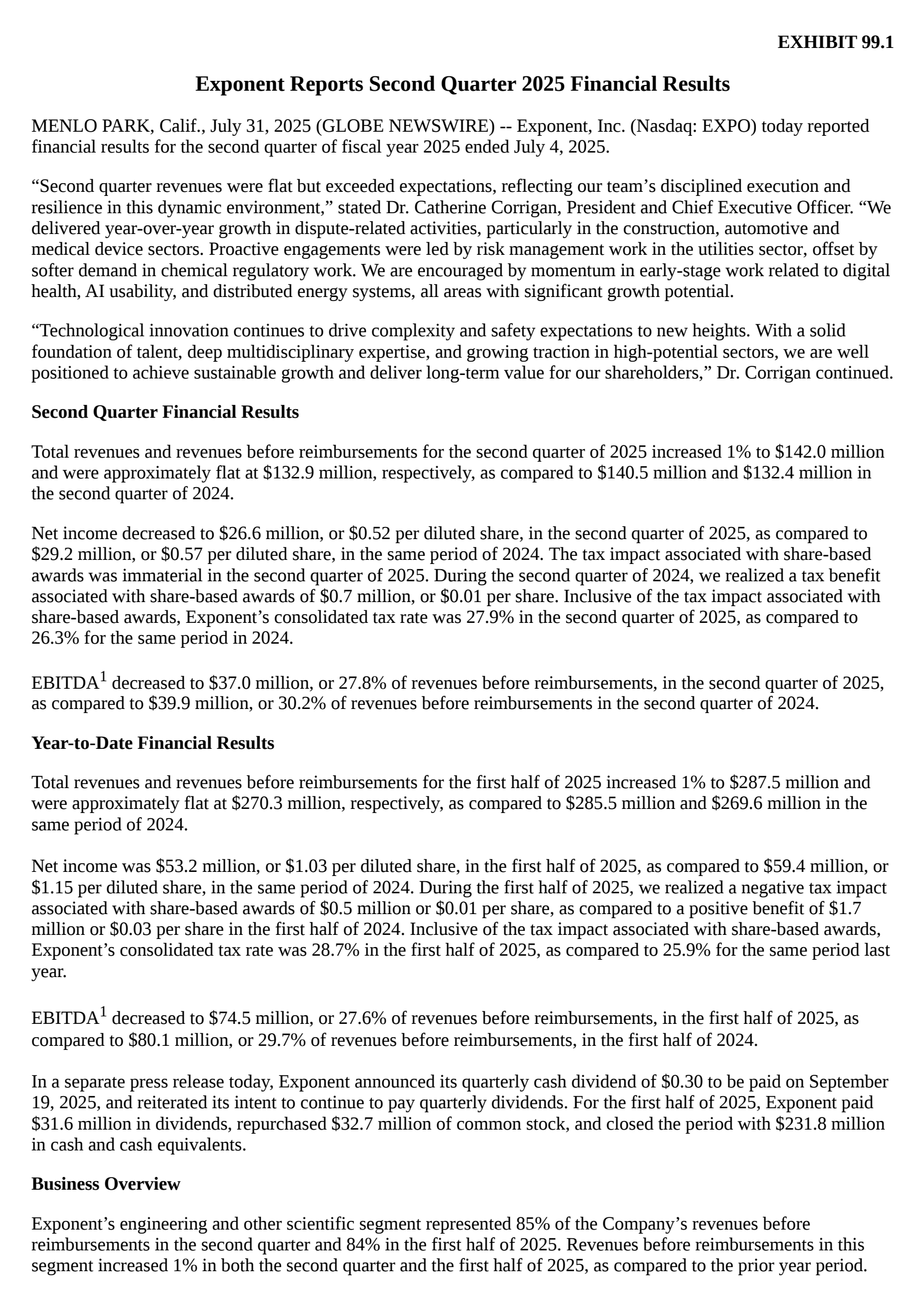 Exponent's Q2 2025 Press Release