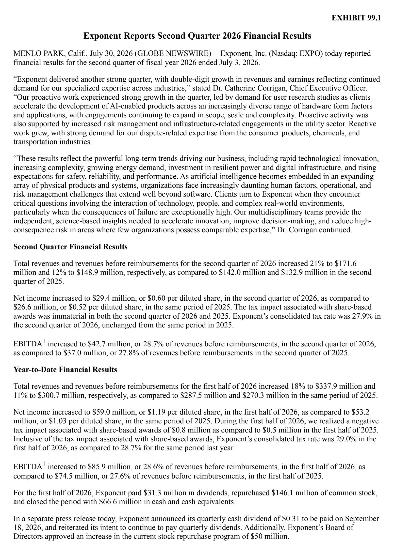 Exponent's Q2 2026 Press Release
