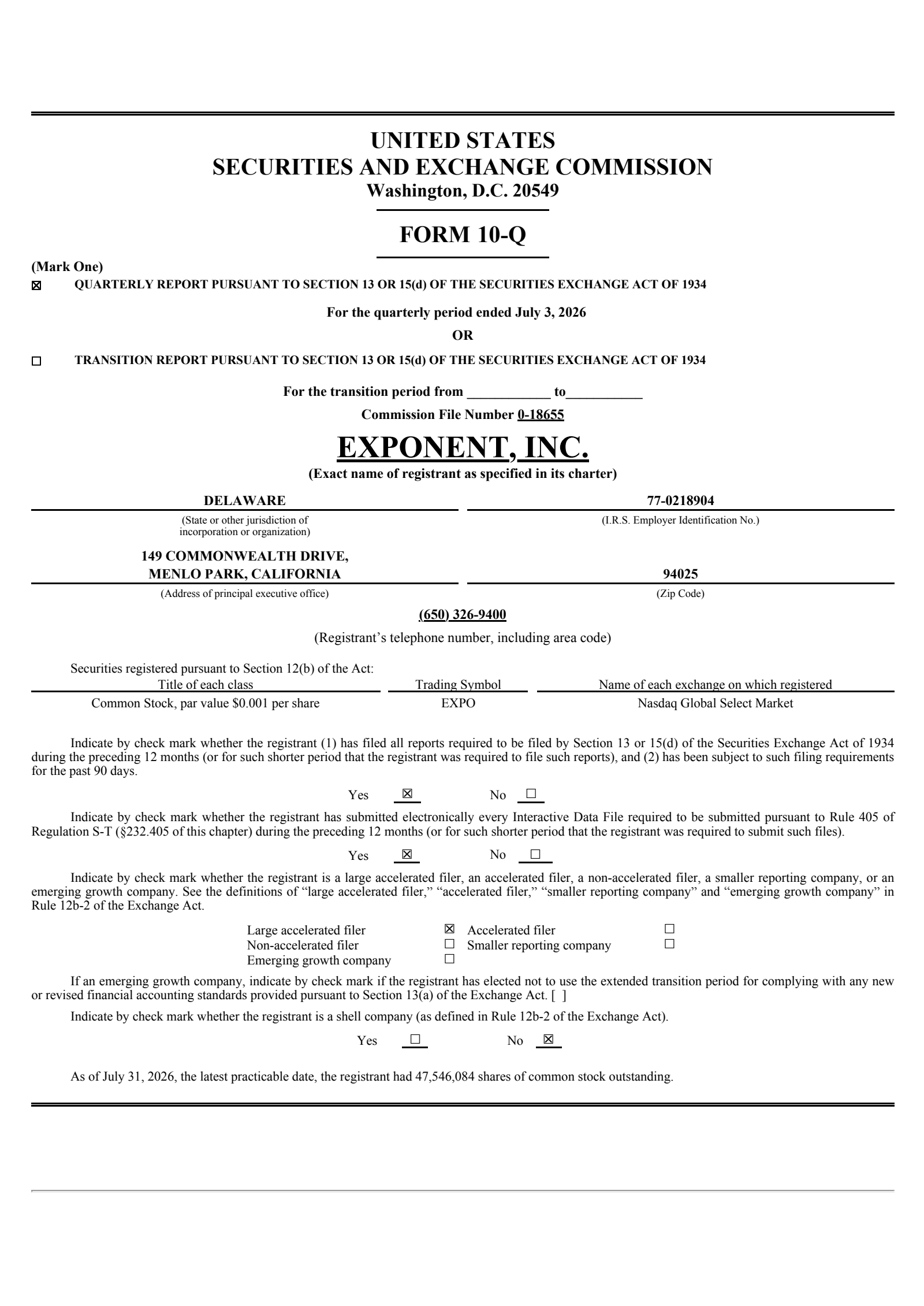 Exponent's Q2 2026 Quarterly report
