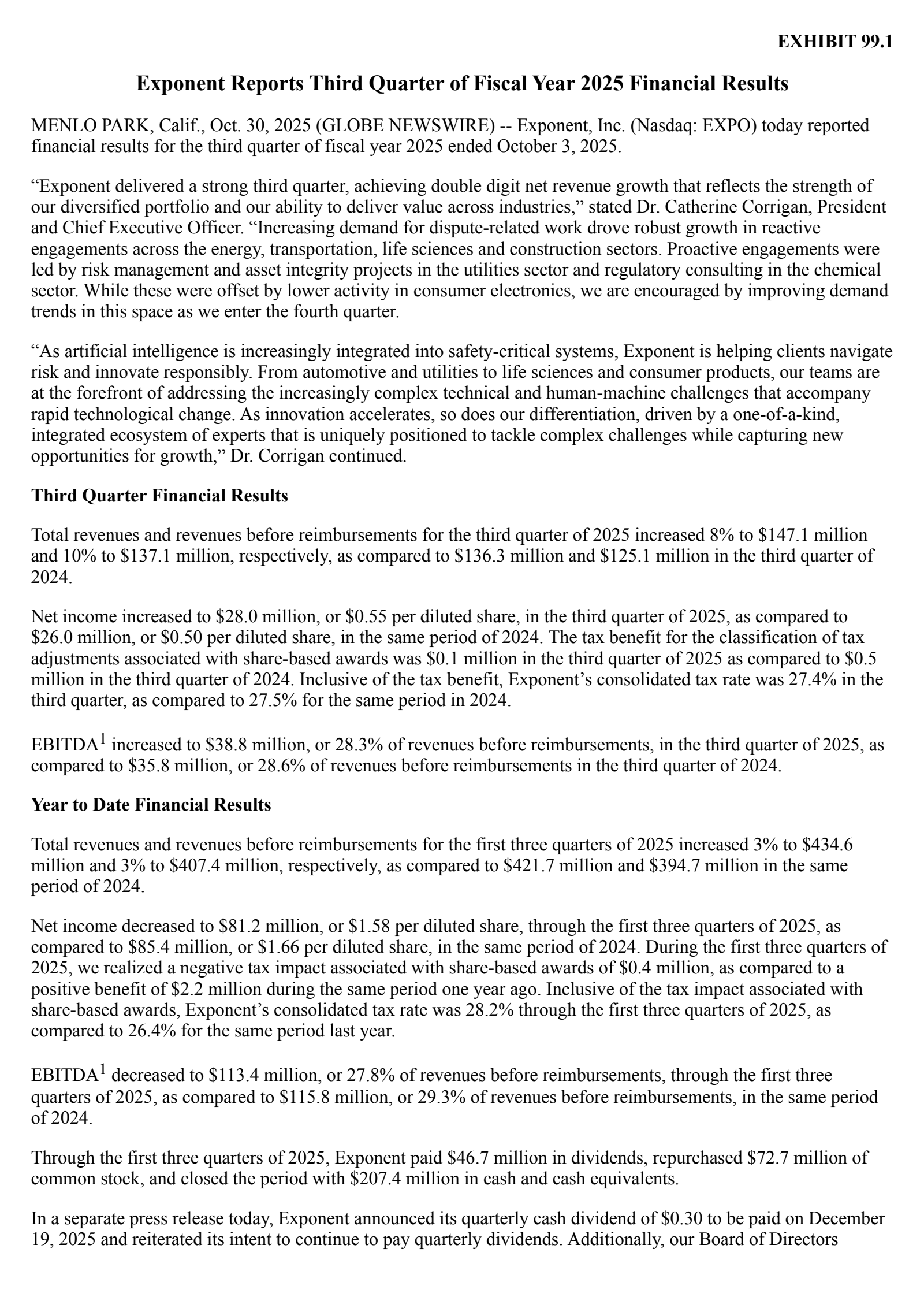 Exponent's Q3 2025 Earnings Release