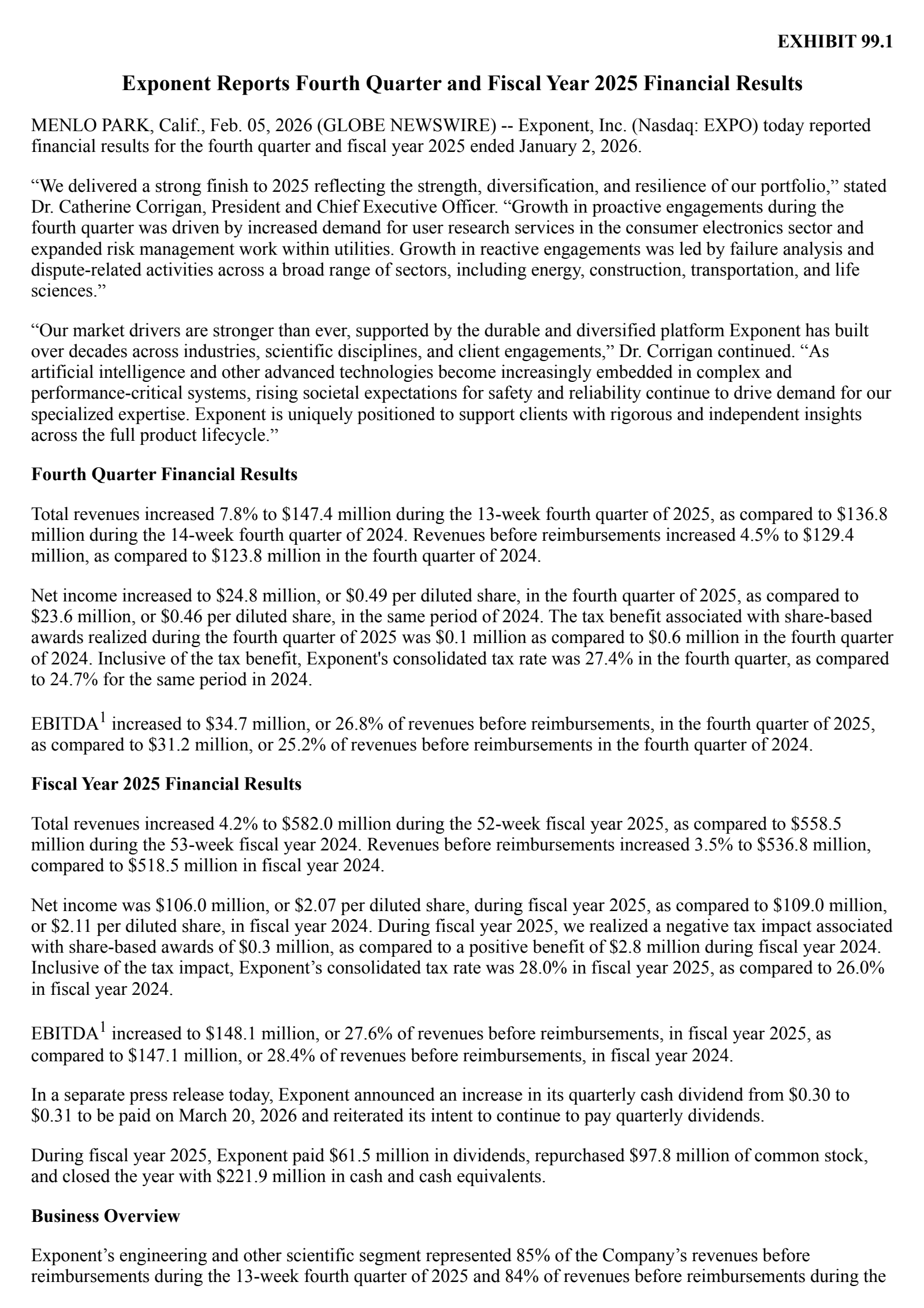 Exponent's Q4 2025 Press Release