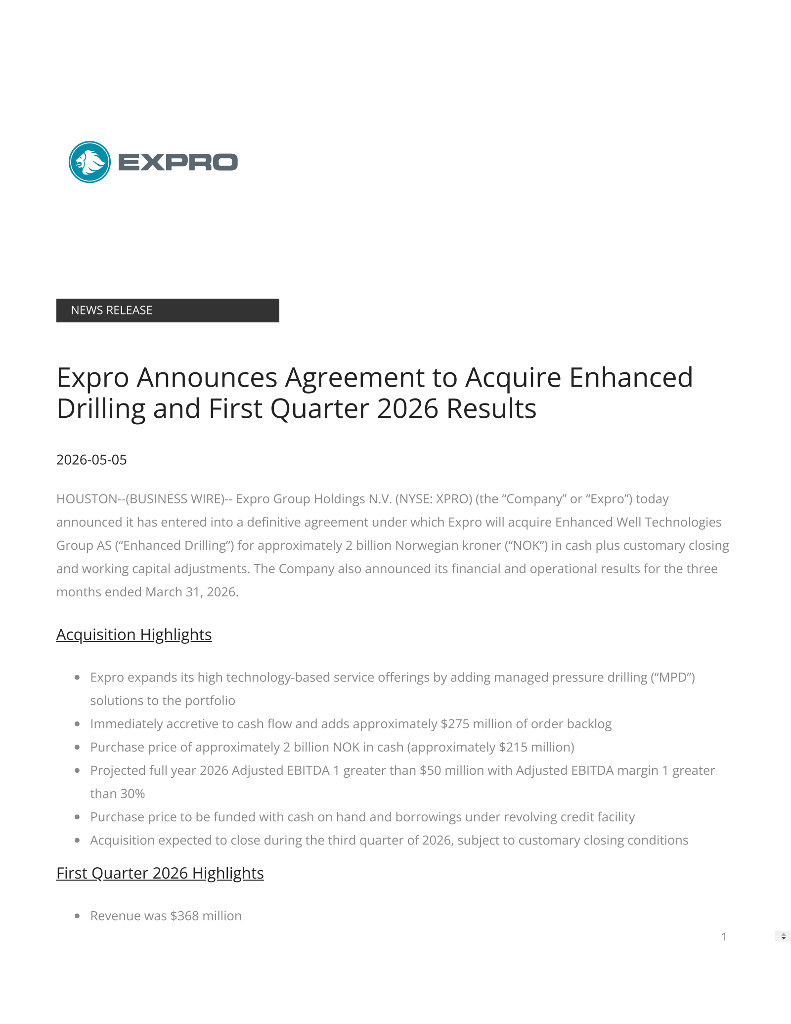 Expro Group's Q1 2026 Press Release