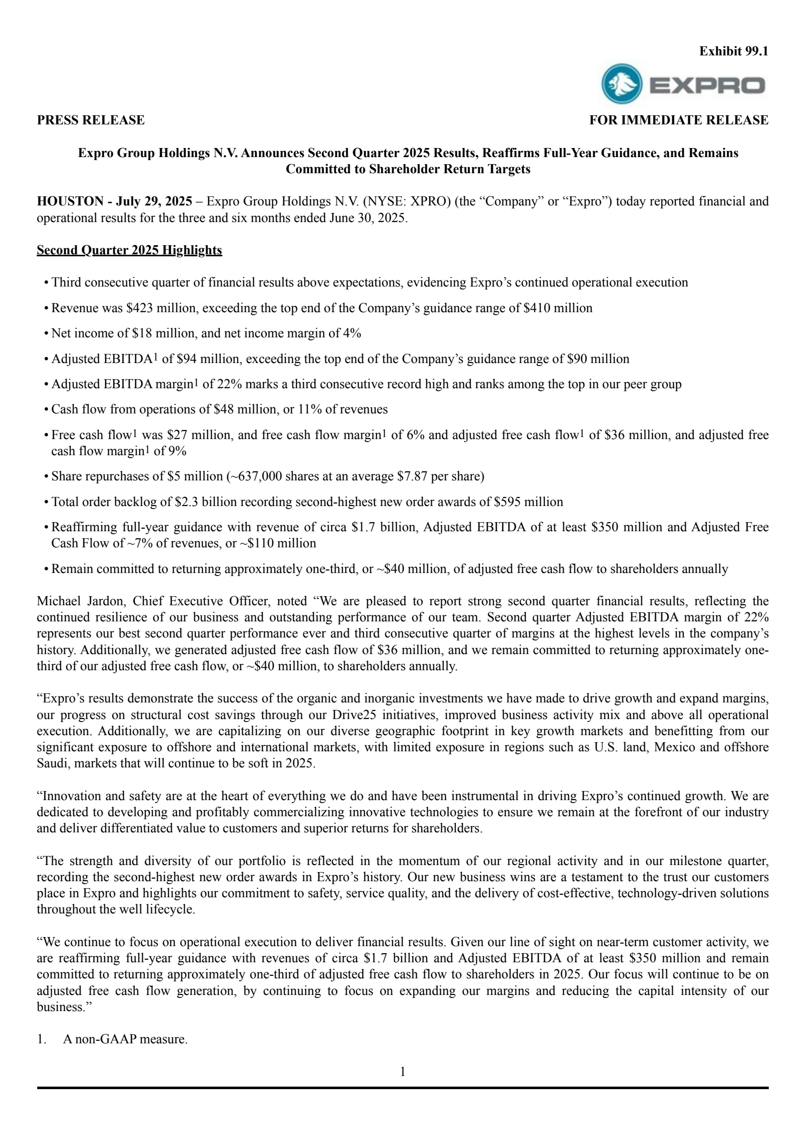 Expro Group's Q2 2025 Press Release