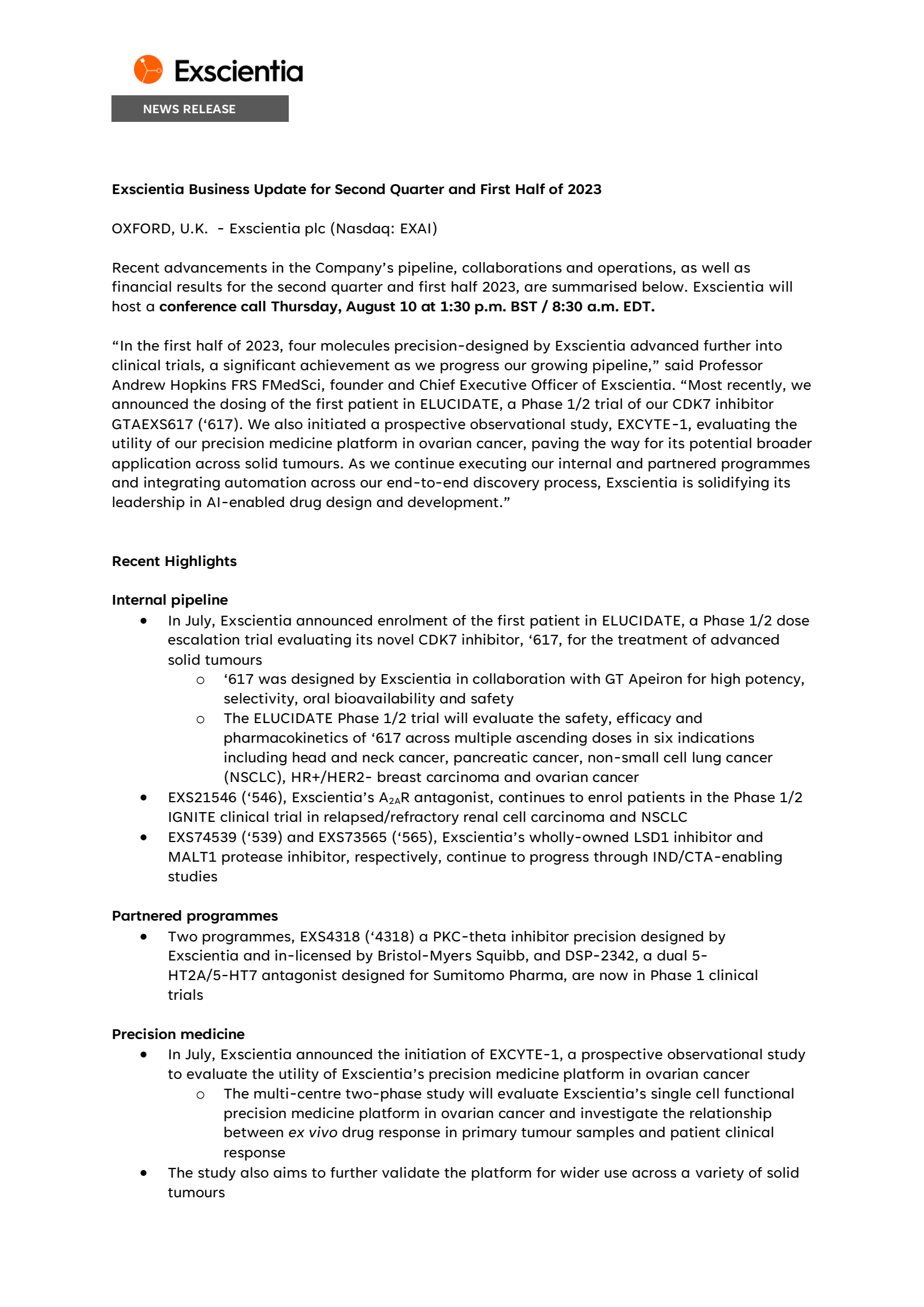 Exscientia's Q2 2023 Press Release