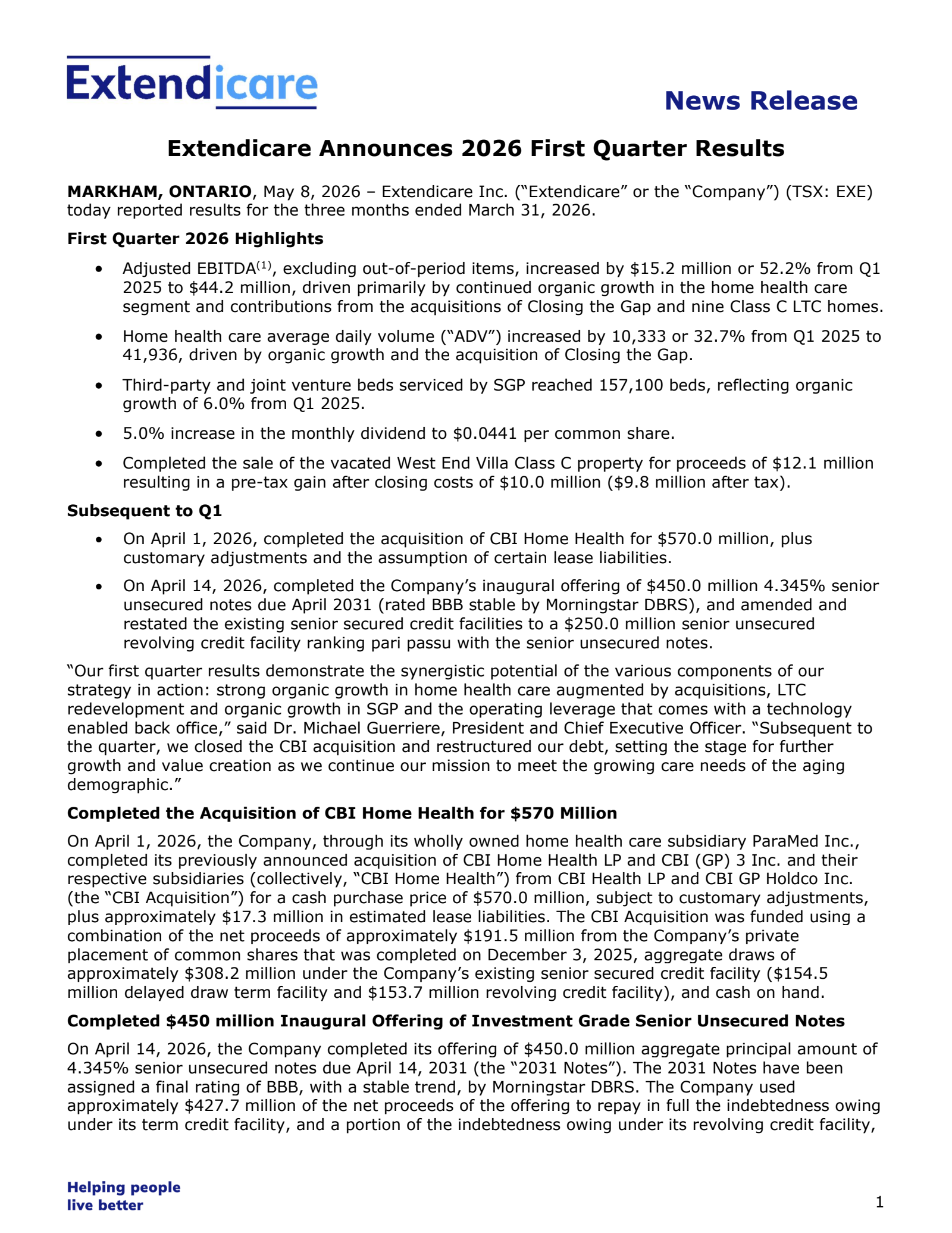 Extendicare's Q1 2026 Press Release