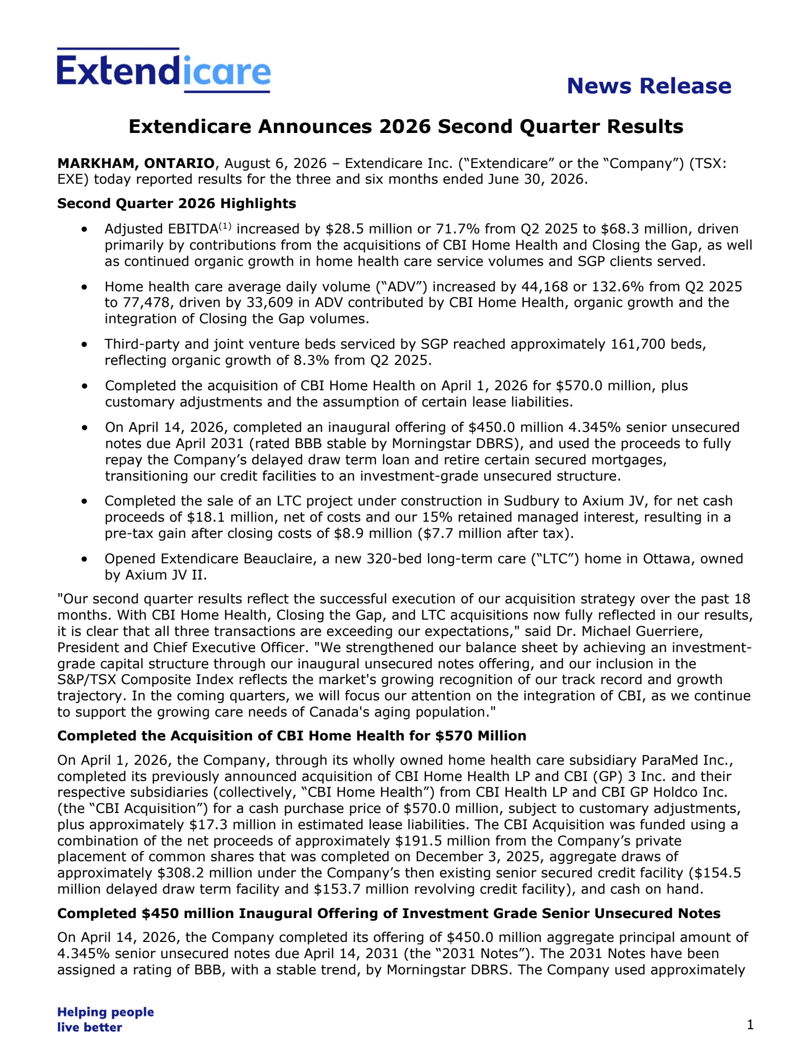 Extendicare's Q2 2026 Press Release