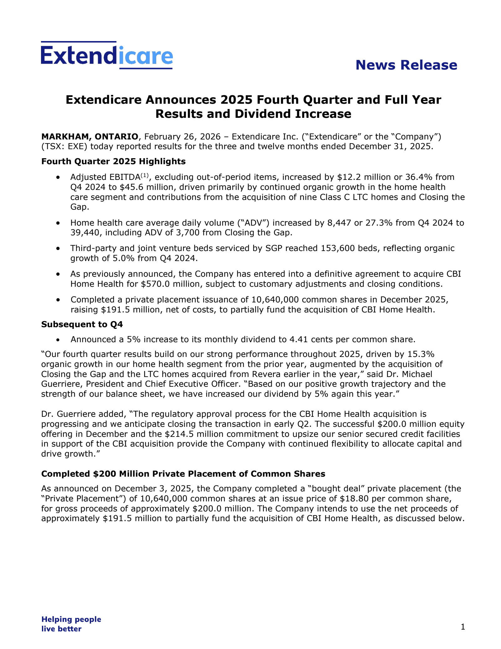Extendicare's Q4 2025 Press Release