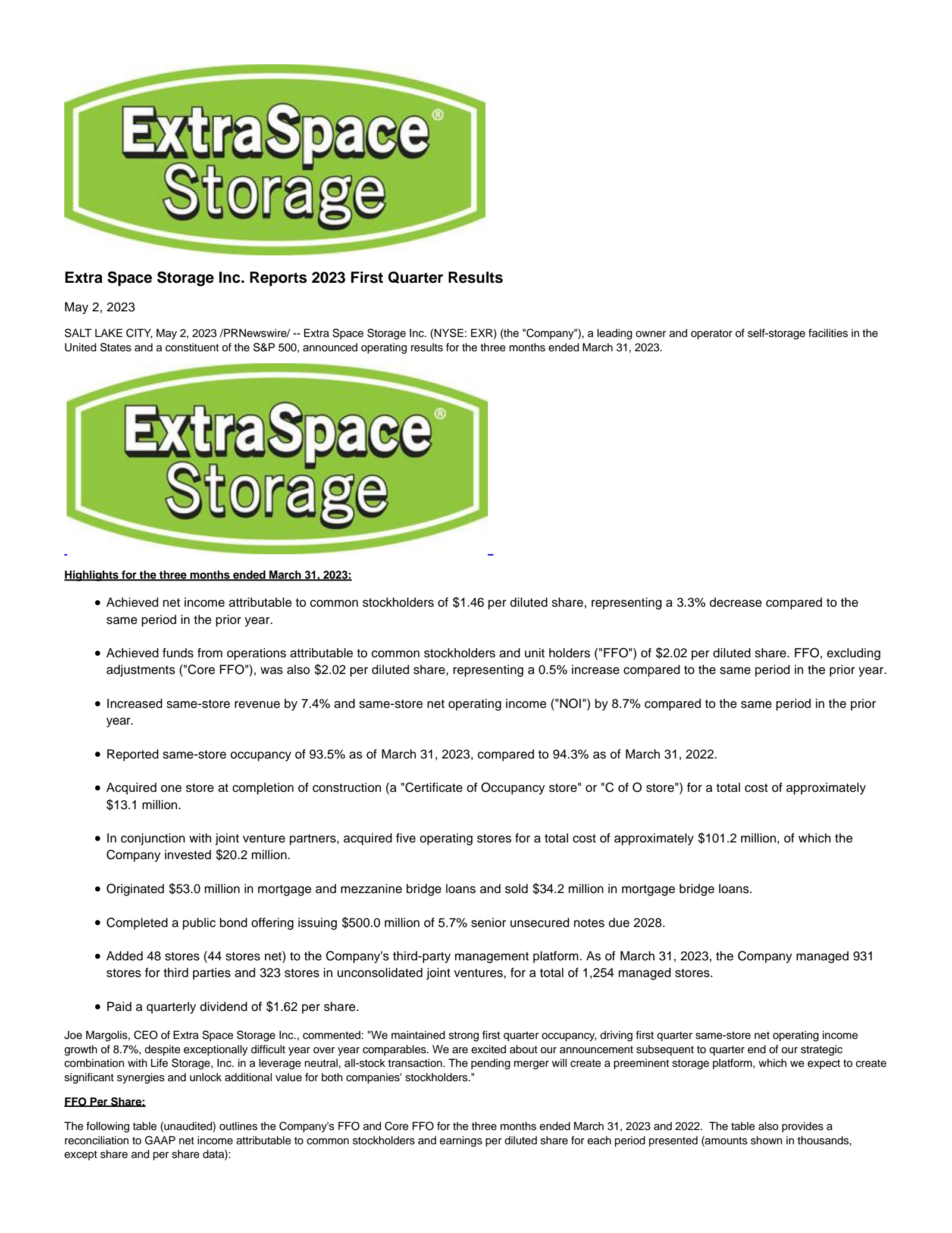Extra Space Storage's Q1 2023 Earnings Release