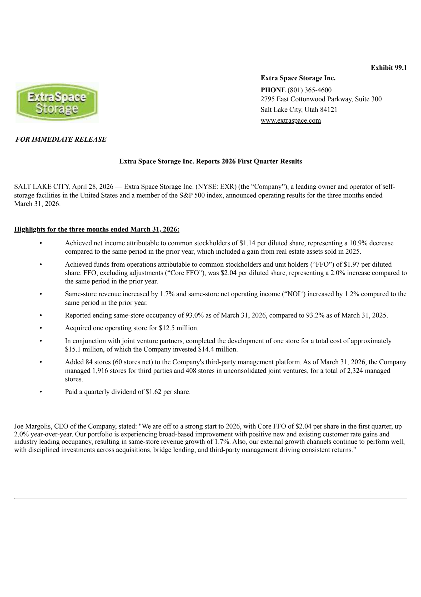 Extra Space Storage's Q1 2026 Press Release