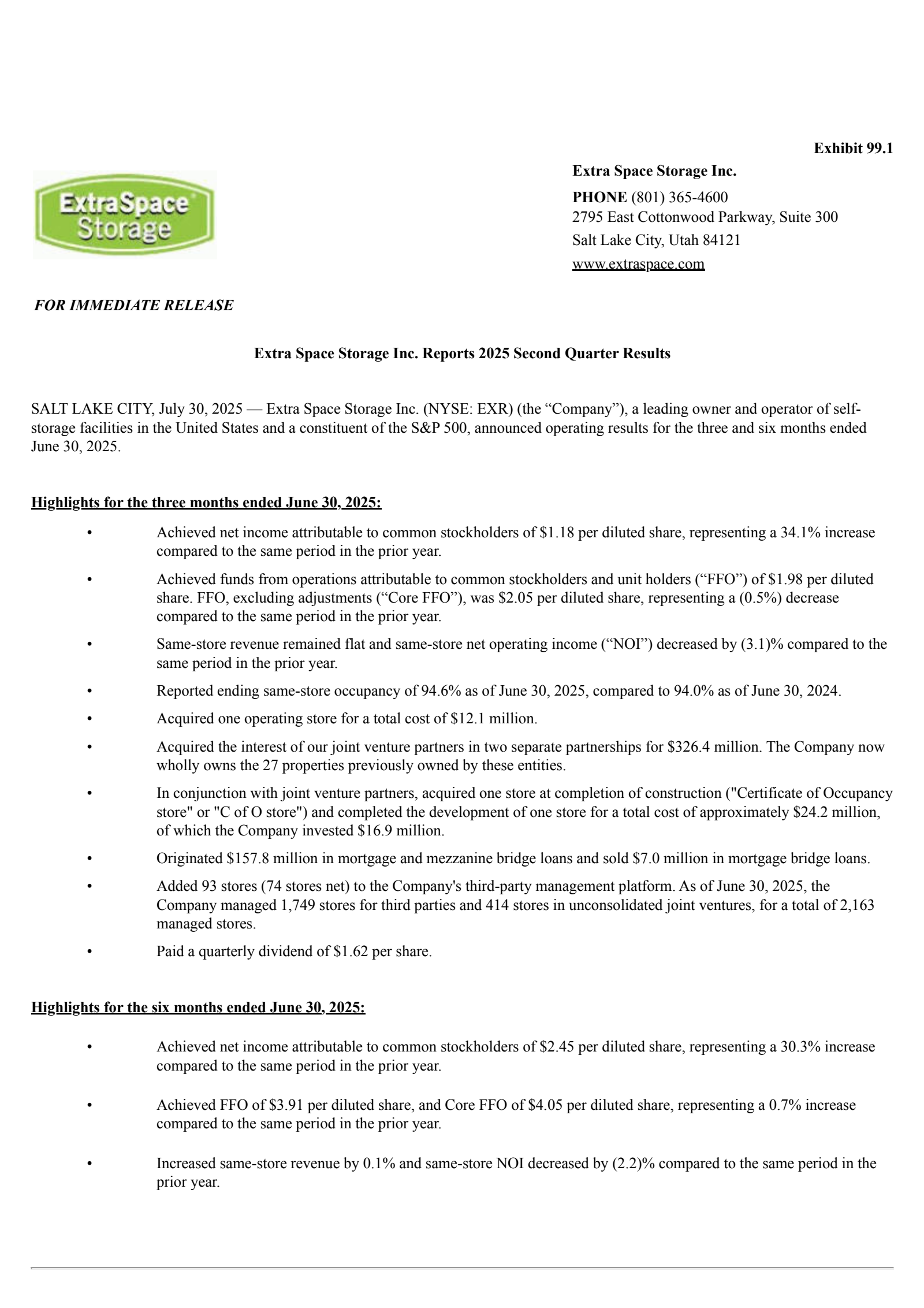 Extra Space Storage's Q2 2025 Press Release